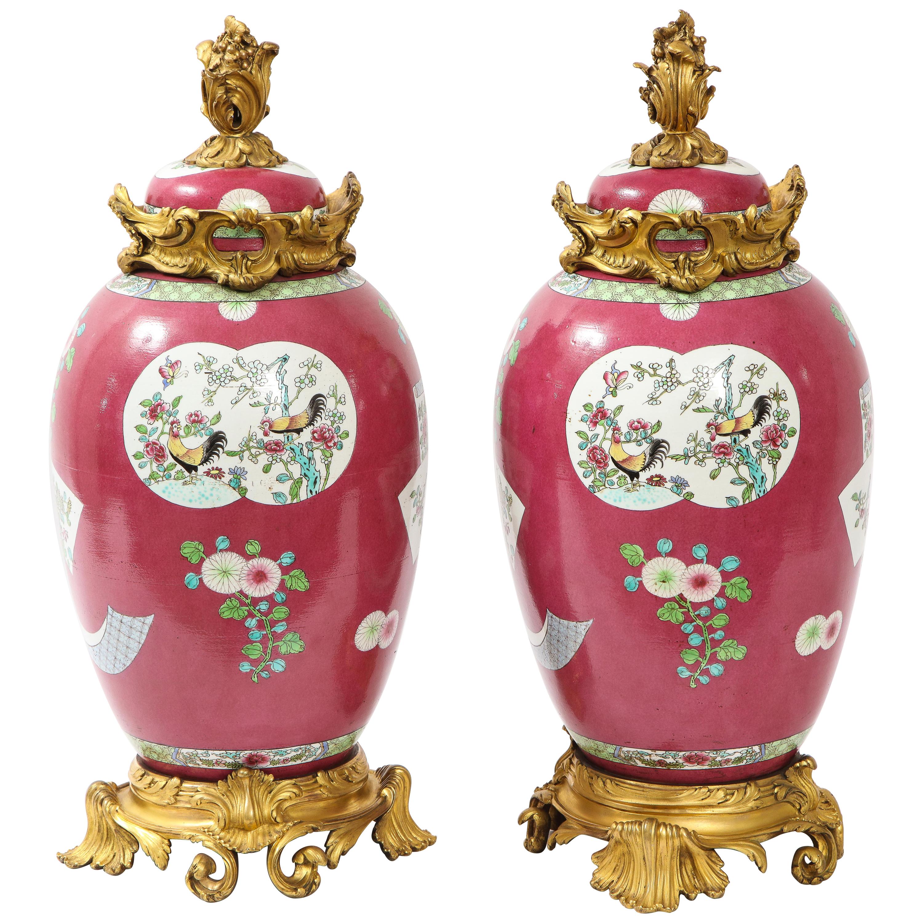 Pair of Doré Bronze Mounted Chinese Porcelain Rooster Red Ground Covered Jars For Sale