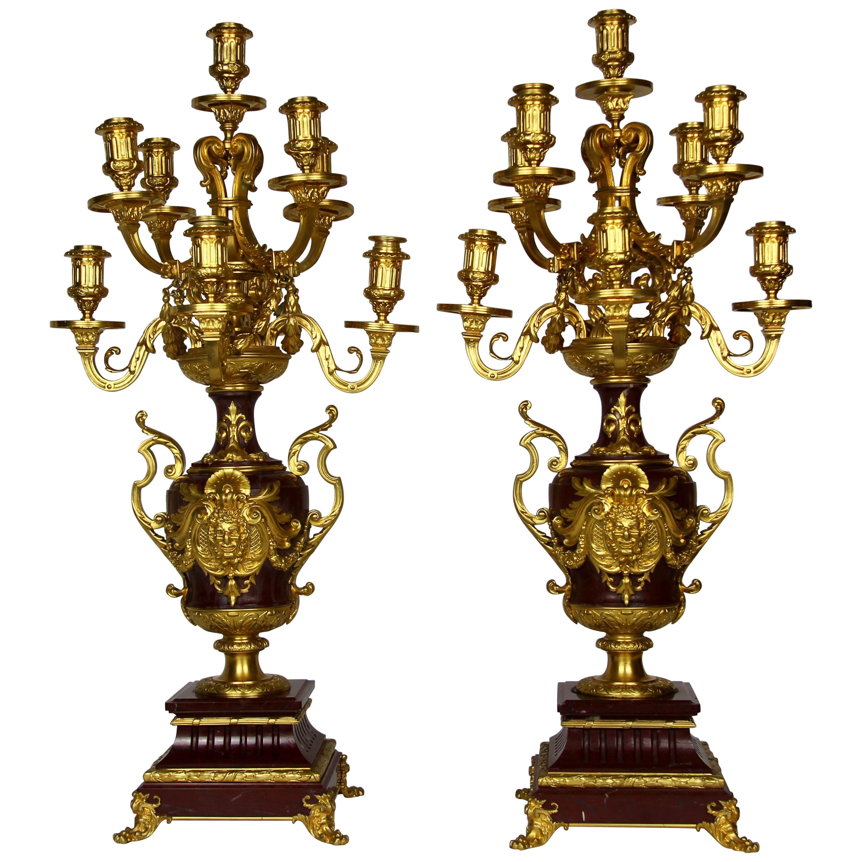 Pair of Doré Bronze Mtd Rouge Marble 9-Arm Candelabras, Signed by Barbedienne For Sale