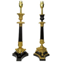 Pair of Dore Bronze Neoclassical Ormolu Table Candlestick Lamps, 19th Century