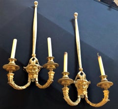 Pair of Dore Bronze Sconces Having Horned Bacchus Masks in Louis XVI Style
