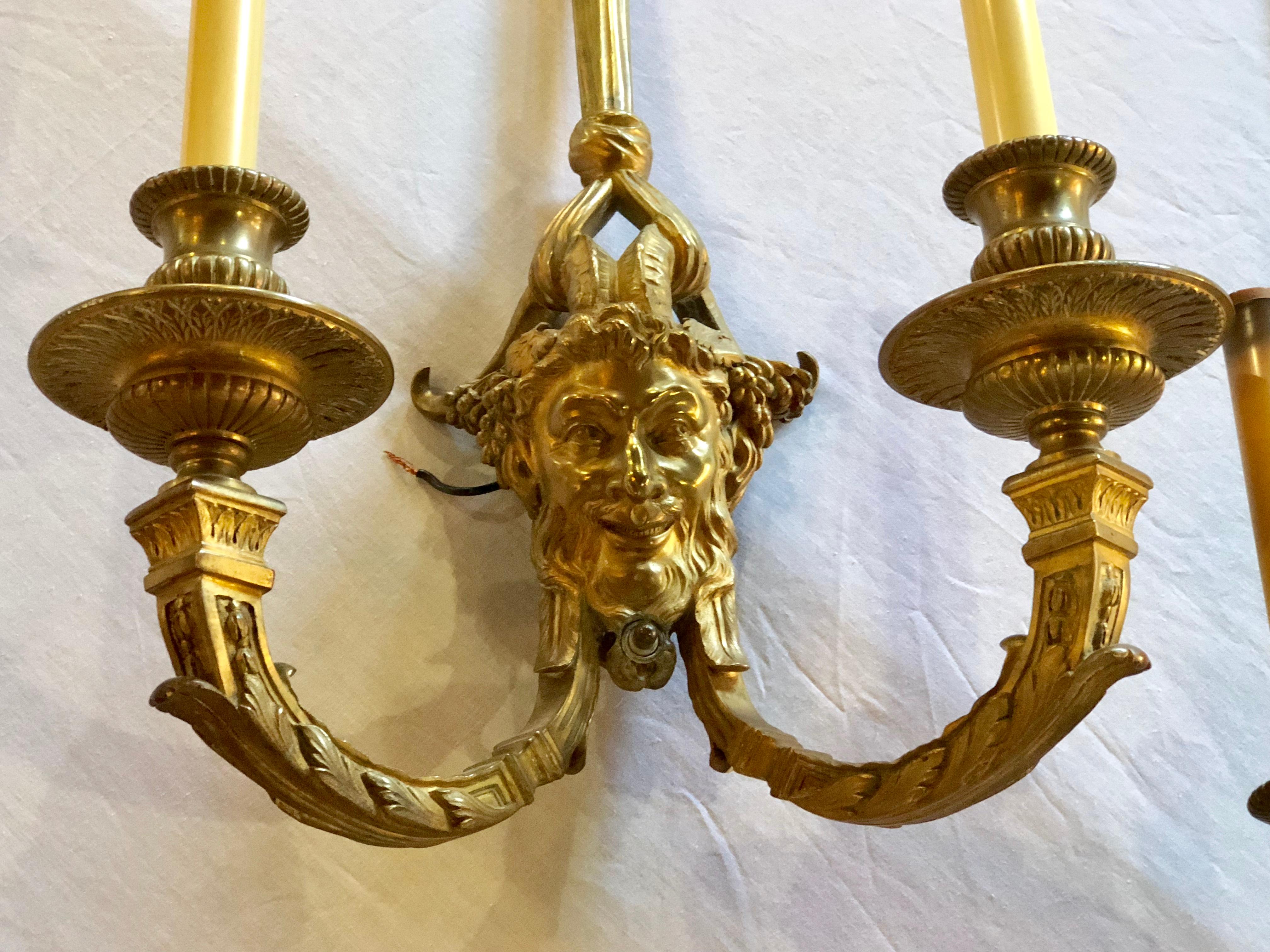 20th Century Pair of Dore Bronze Sconces Having Horned Bacchus Masks in Louis XVI Style For Sale