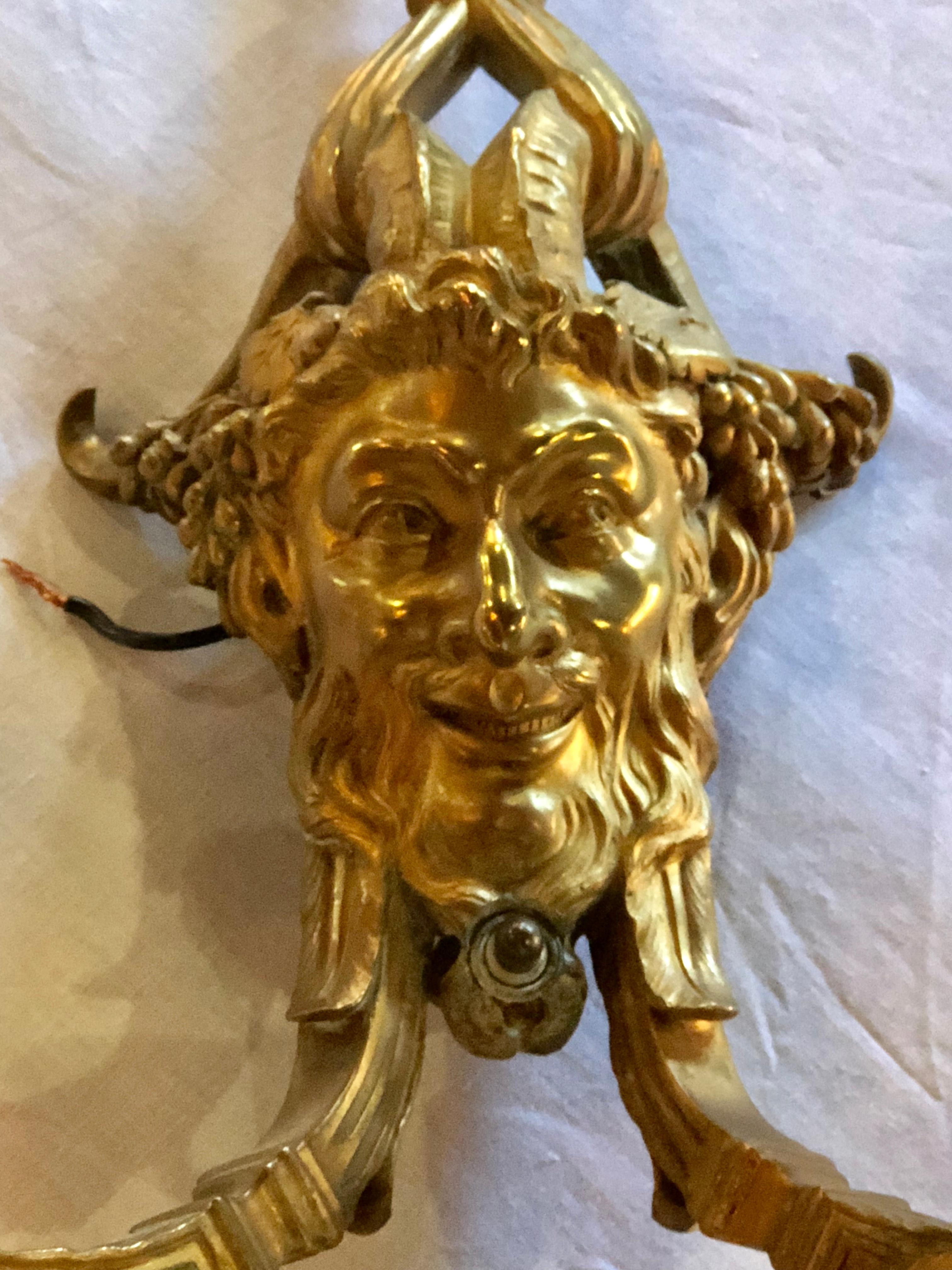 Pair of Dore Bronze Sconces Having Horned Bacchus Masks in Louis XVI Style For Sale 1
