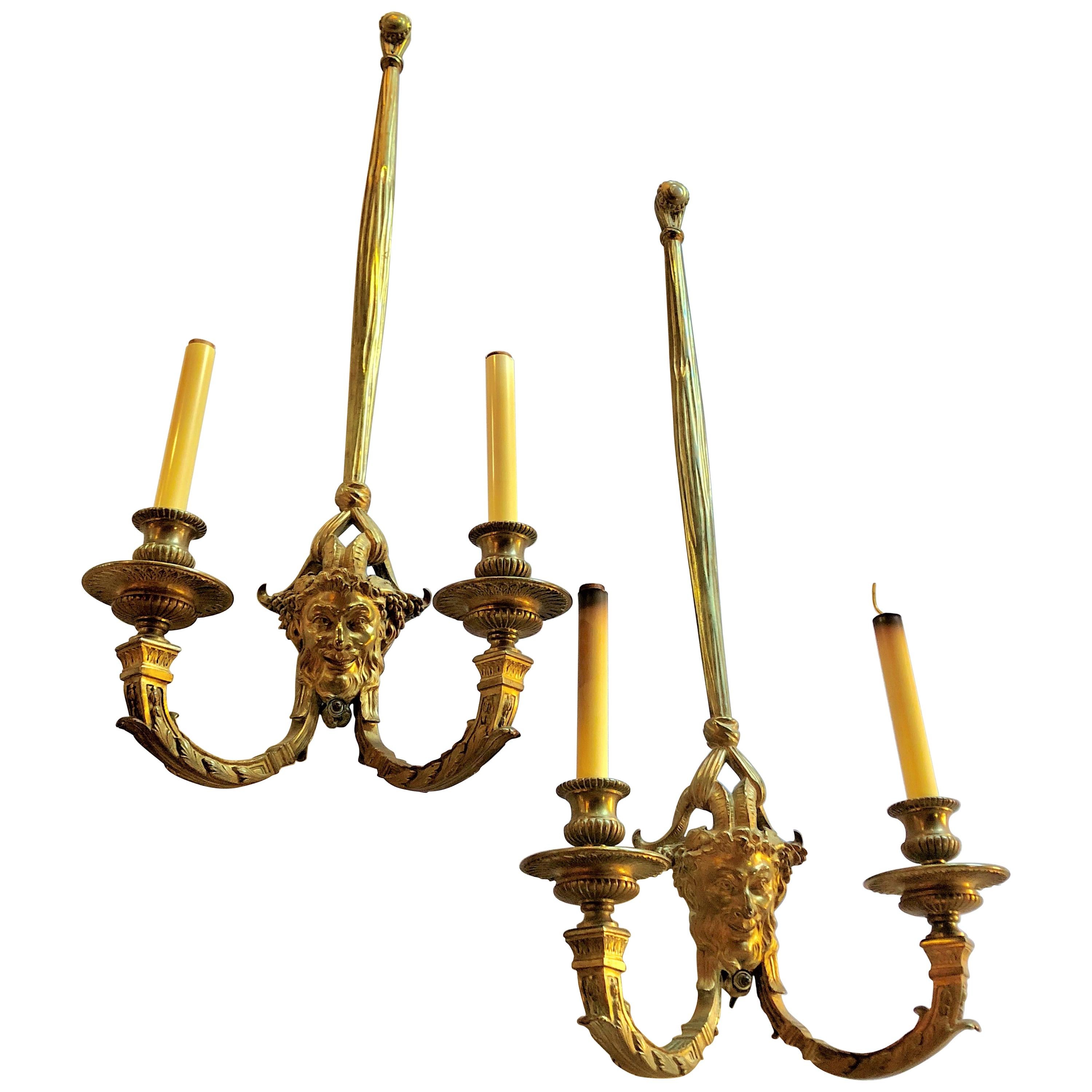 Pair of Dore Bronze Sconces Having Horned Bacchus Masks in Louis XVI Style For Sale
