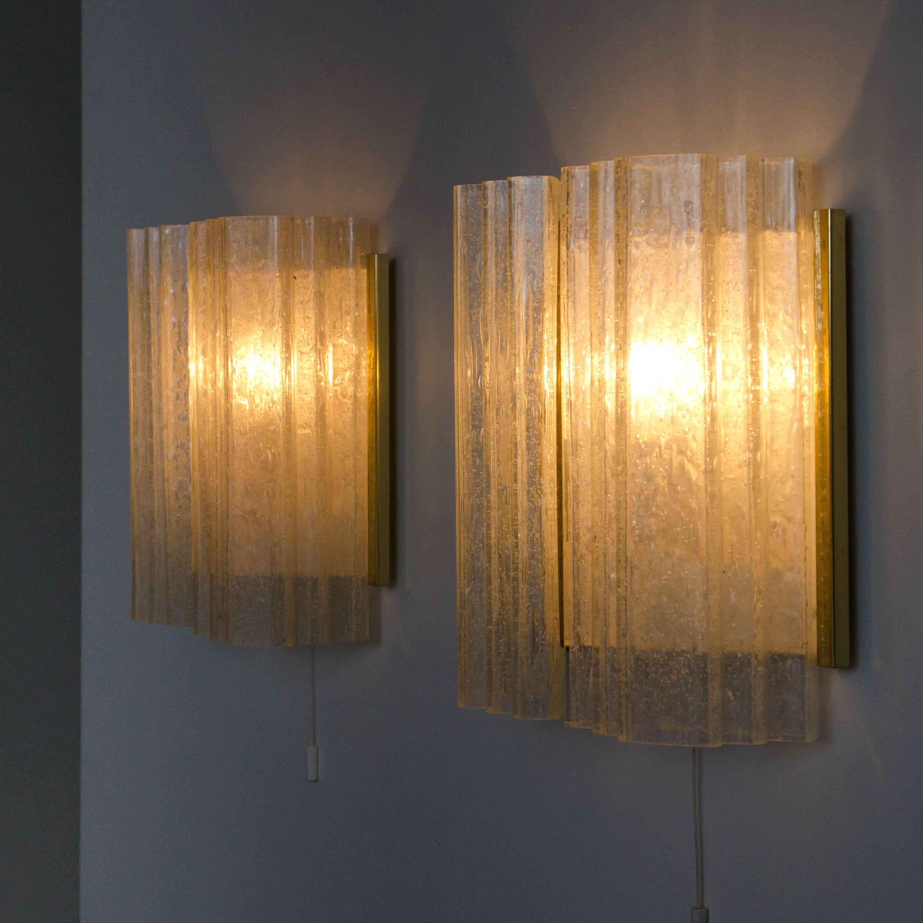 Mid-Century Modern Pair of Doria Brass and Glass Wall Sconces or Lights, 1960s For Sale