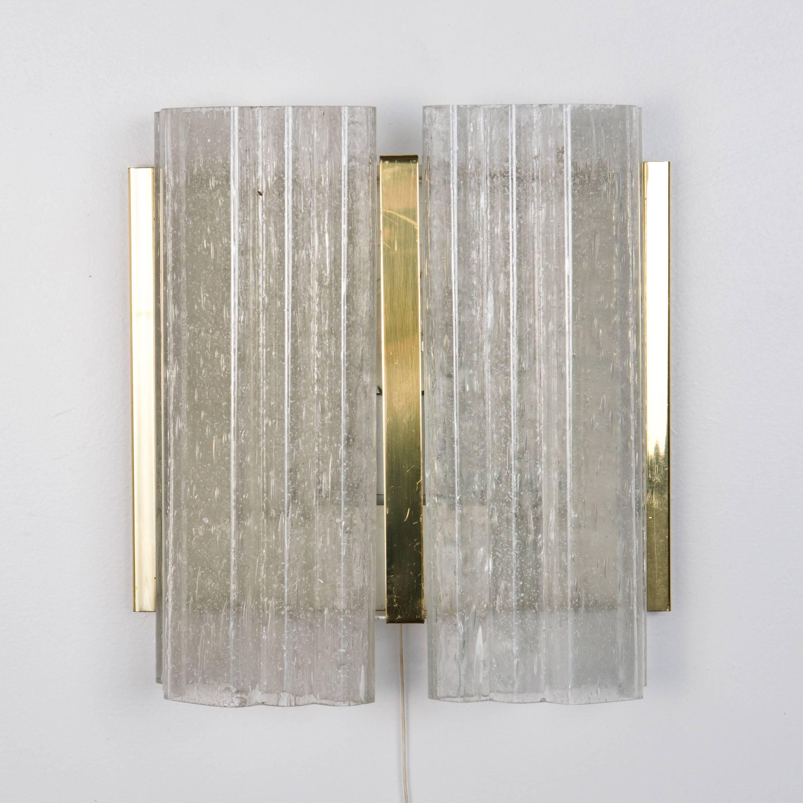 German Pair of Doria Brass and Glass Wall Sconces or Lights, 1960s For Sale