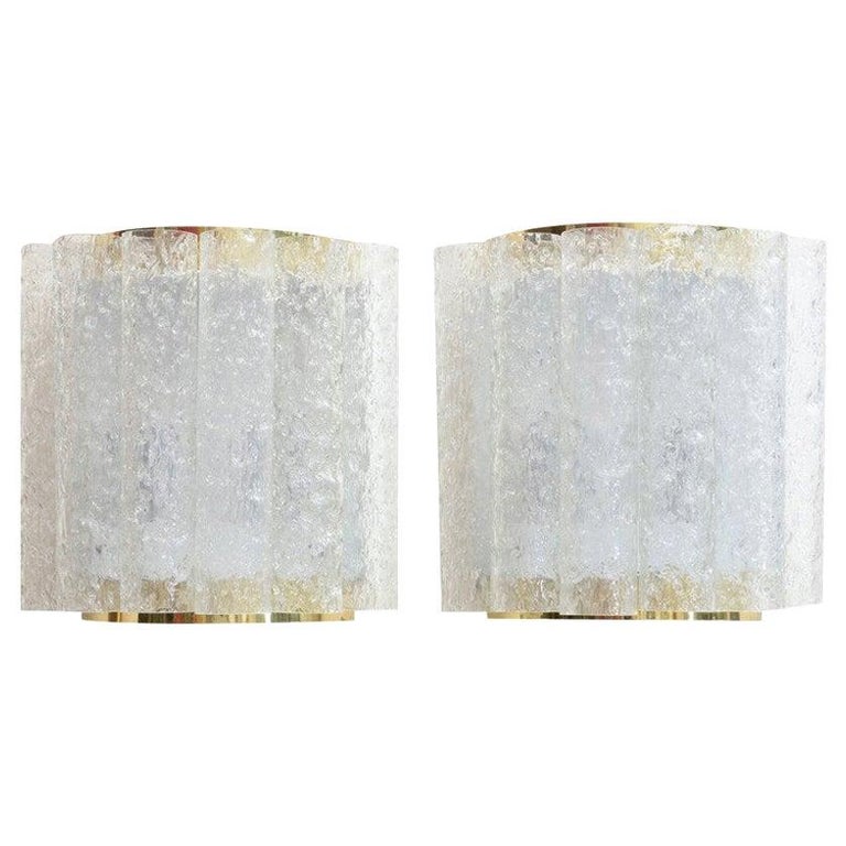 Pair of Doria Textured Ice Cube Pipe Glass and Brass Wall Sconces Vintage For Sale