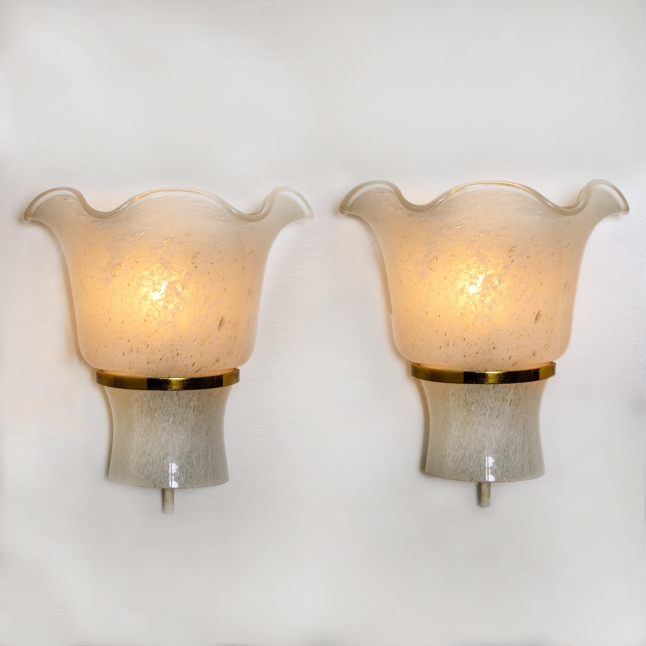 Mid-Century Modern Pair of Doria Wall Sconces, Brass and Textured Glass, 1960s