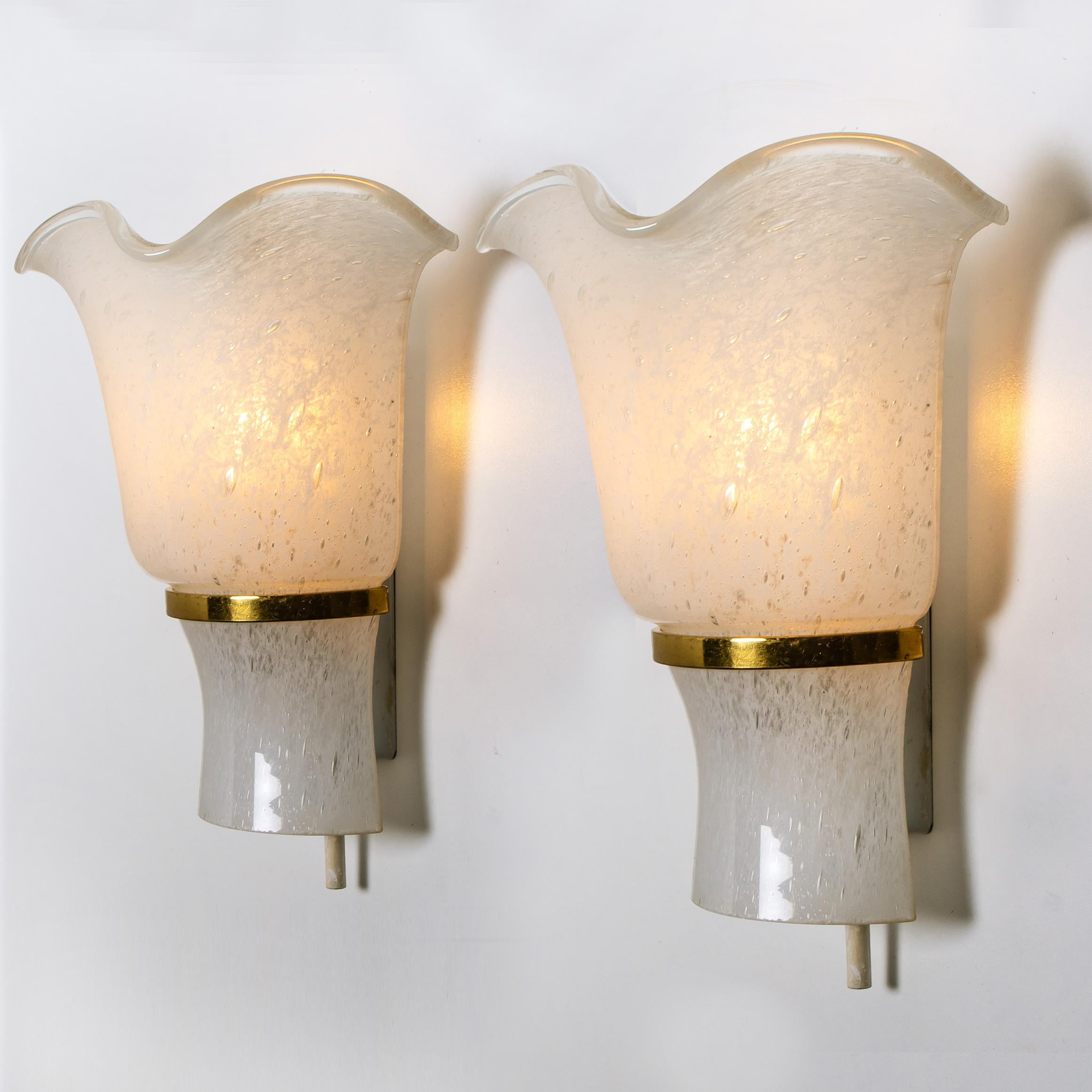 German Pair of Doria Wall Sconces, Brass and Textured Glass, 1960s