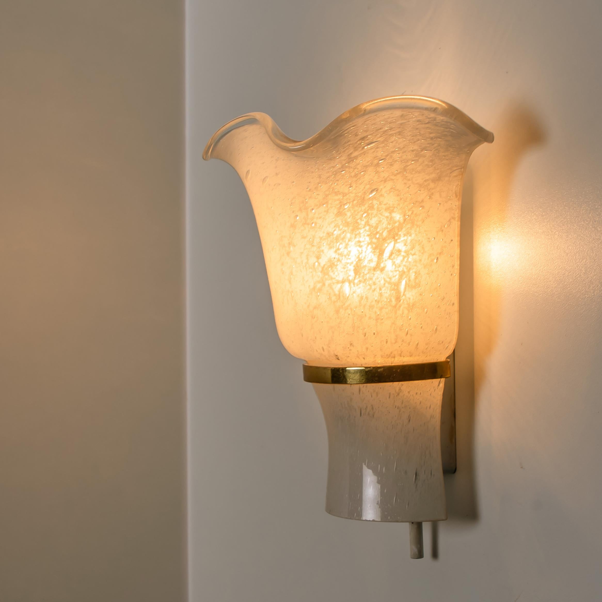 Mid-20th Century Pair of Doria Wall Sconces, Brass and Textured Glass, 1960s