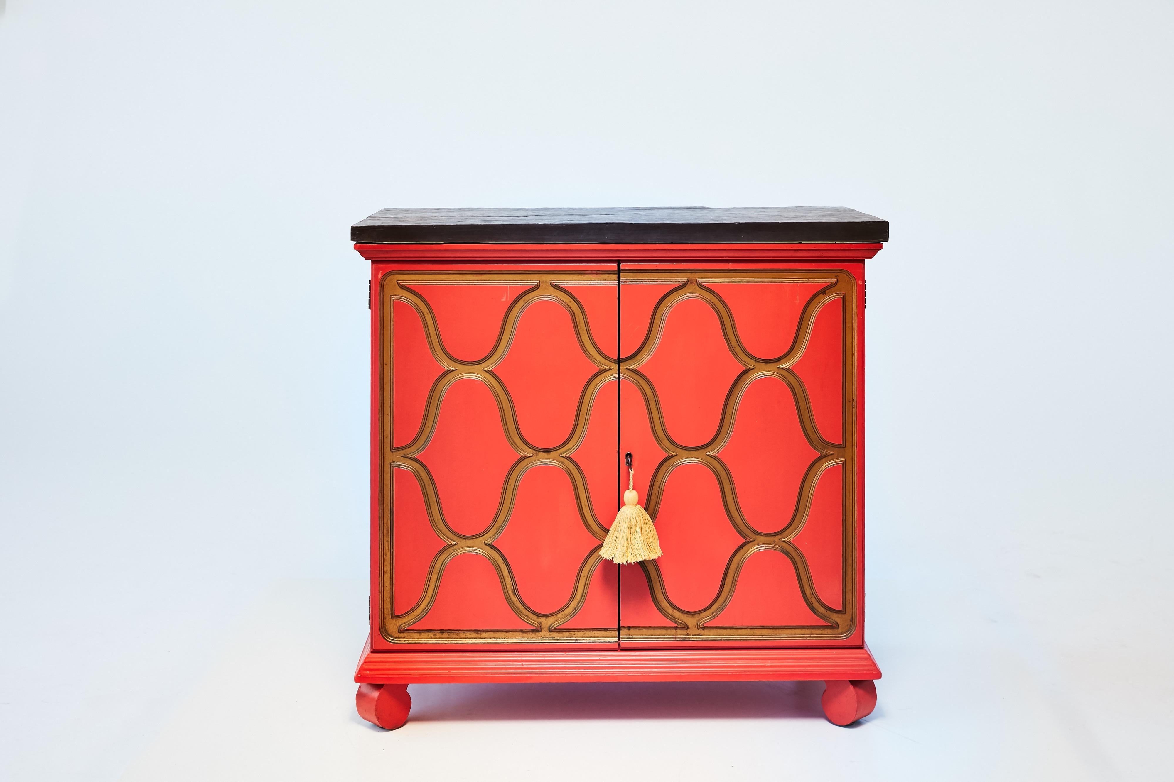 A pair of one-of-a-kind cabinets designed by Dorothy Draper (1889-1969) - America's most famous decorator - for her España line. After touring Spain for inspiration, Dorothy Draper produced her most sought after and iconic pieces: the España