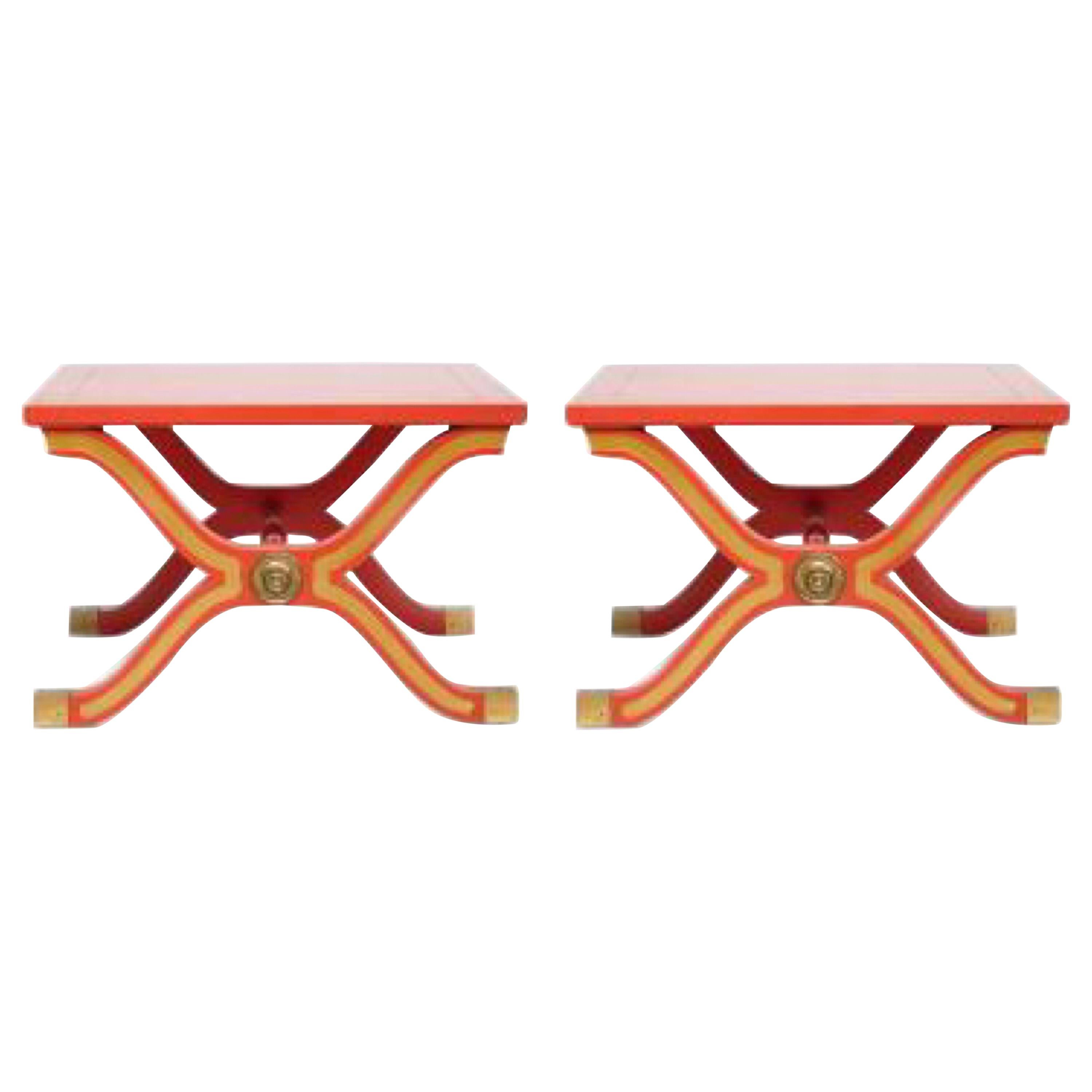 Pair of Dorothy Draper España Side Tables in Original Tangerine Orange Lacquer