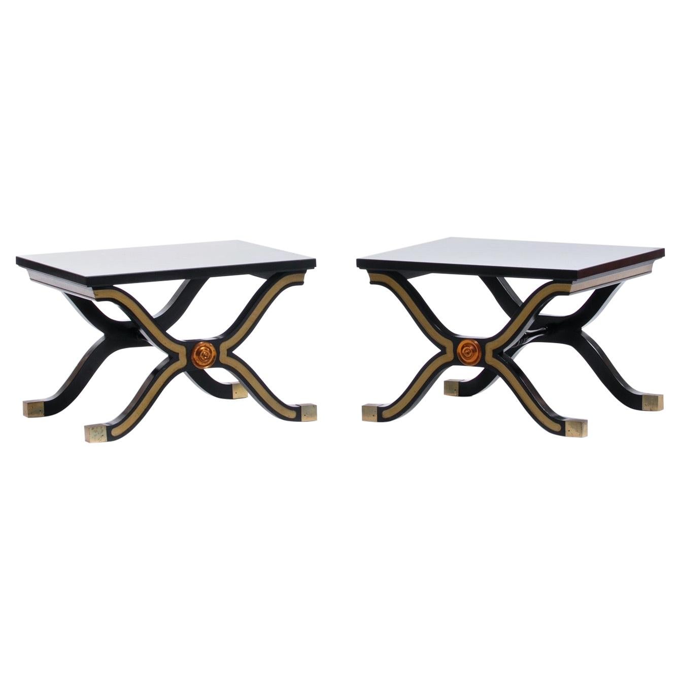 Pair of Dorothy Draper España Side Tables in Original Black and Gold Lacquer For Sale