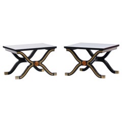 Vintage Pair of Dorothy Draper España Side Tables in Original Black and Gold Lacquer