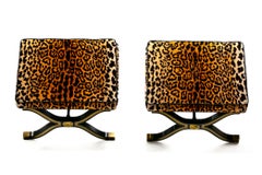 Pair of Dorothy Draper España X Stools / Benches in Leopard Velvet, circa 1955