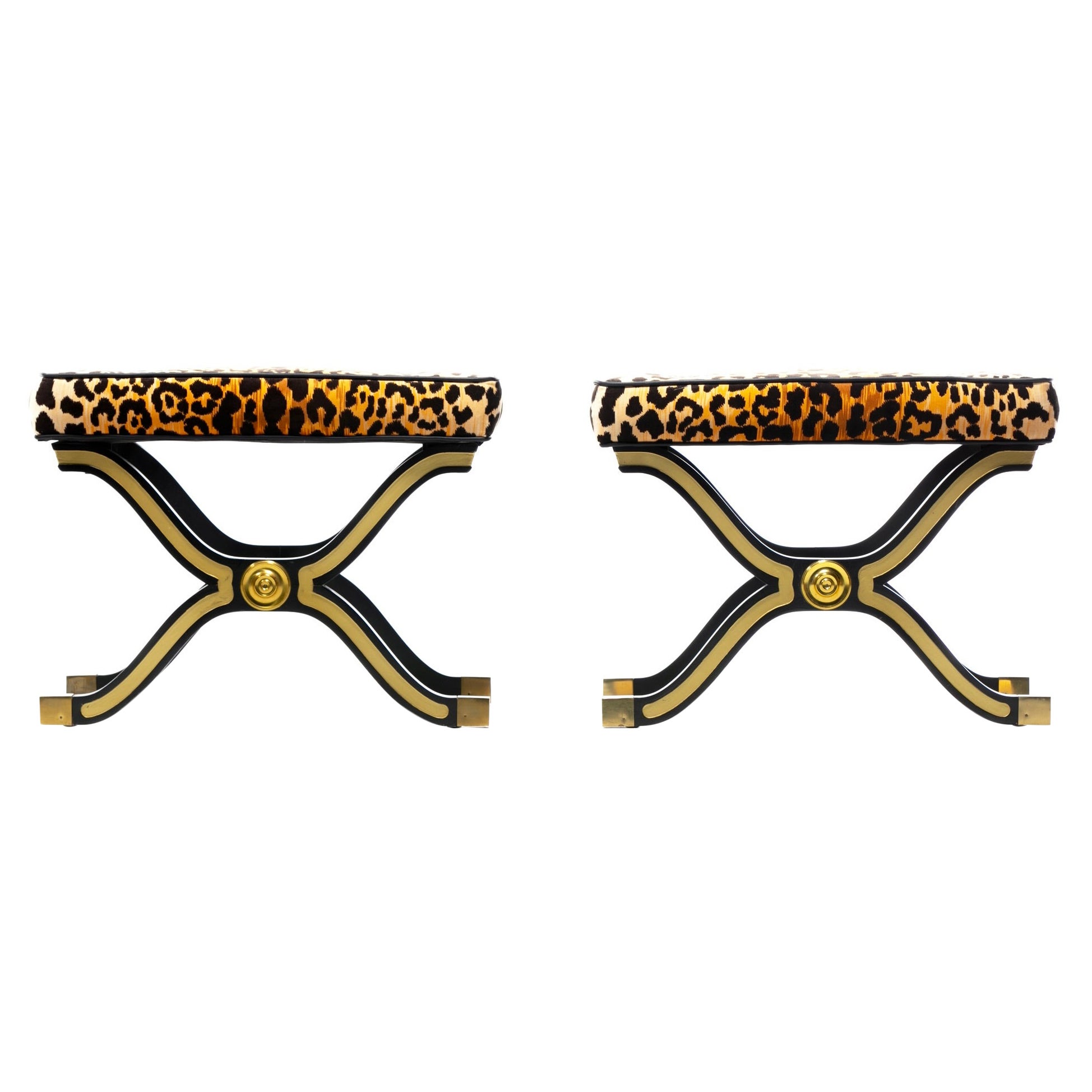 Pair of Dorothy Draper España X Stools / Benches in Leopard Velvet, circa 1955