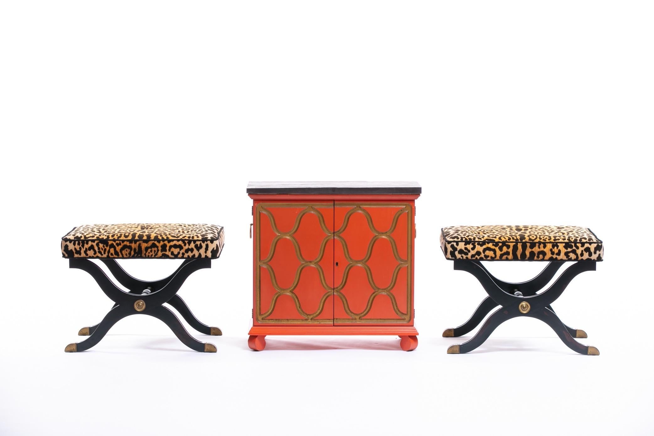 Pair of Dorothy Draper España X Stools / Benches in Leopard Velvet, circa 1955 9