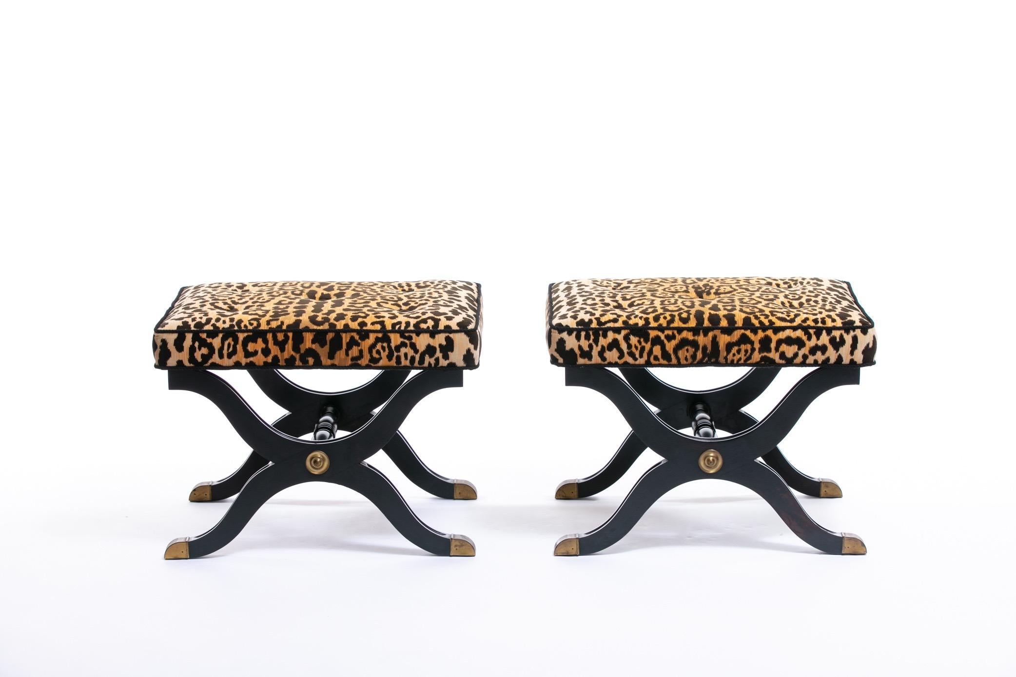 Pair of Dorothy Draper España X Stools / Benches in Leopard Velvet, circa 1955 10