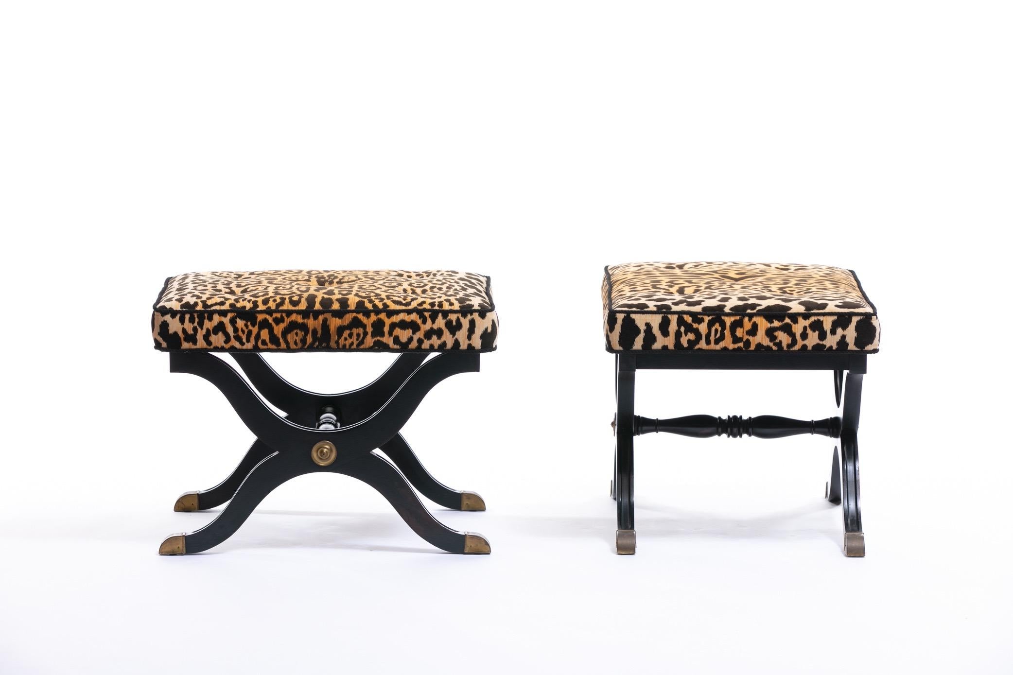 Pair of Dorothy Draper España X Stools / Benches in Leopard Velvet, circa 1955 In Good Condition In Saint Louis, MO