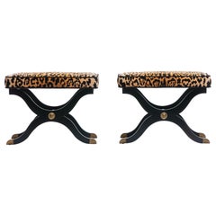 Pair of Dorothy Draper España X Stools / Benches in Leopard Velvet, circa 1955