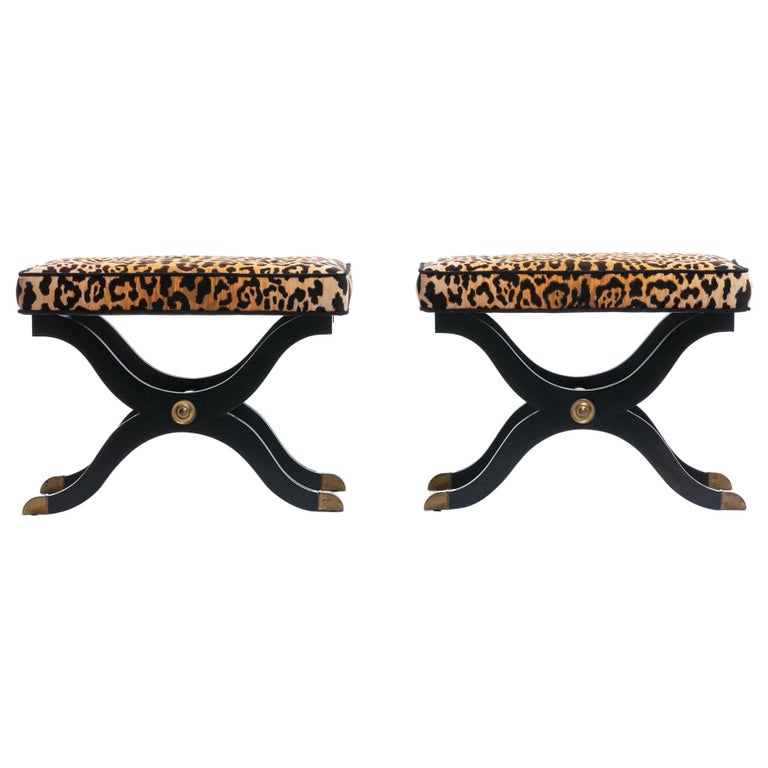 Pair of Dorothy Draper España X benches in leopard velvet, ca. 1955, offered by Interior Motives LLC