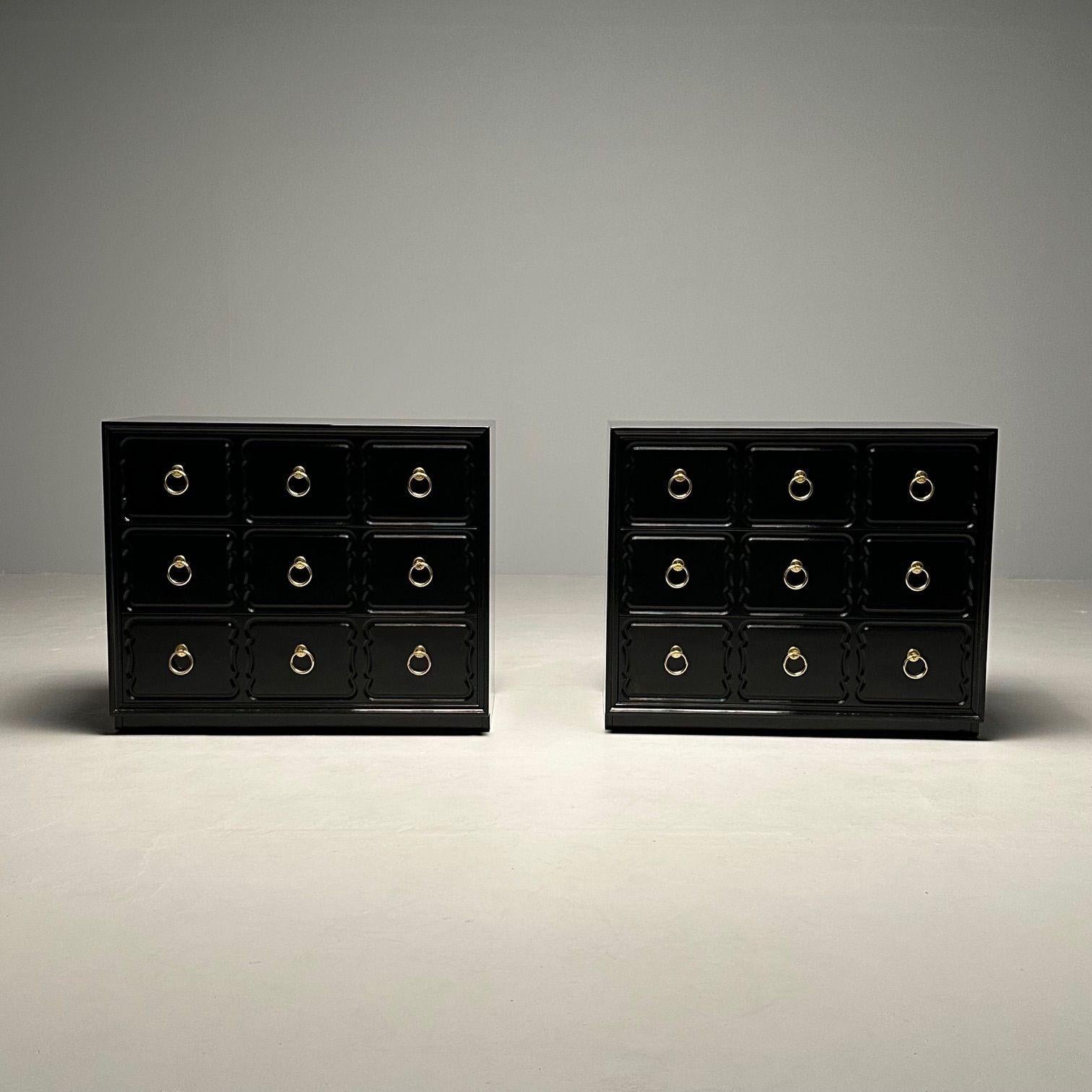 Pair of Heritage Espana Chests by Dorothy Draper, Stamped, Mid Century Modern

A pair of stunning fully refinished chests or nightstand tables by Heritage for Dorothy Draper in a fine ebony lacquered finished with brass circular pulls. Each having