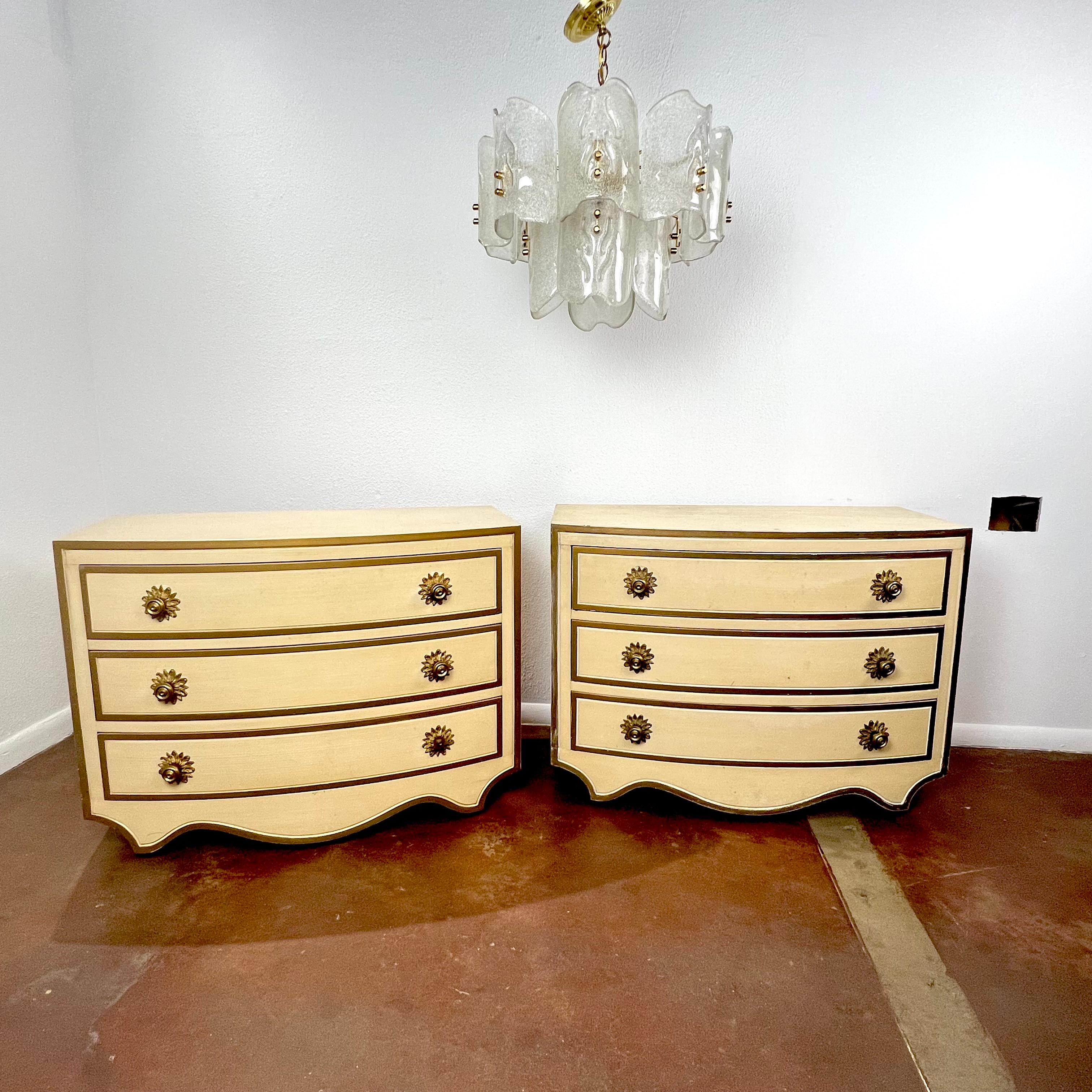 Spectacular, rare pair of Hollywood Regency chests by Dorothy Daper. From her 1960's Viennese Collection for Henredon, this 