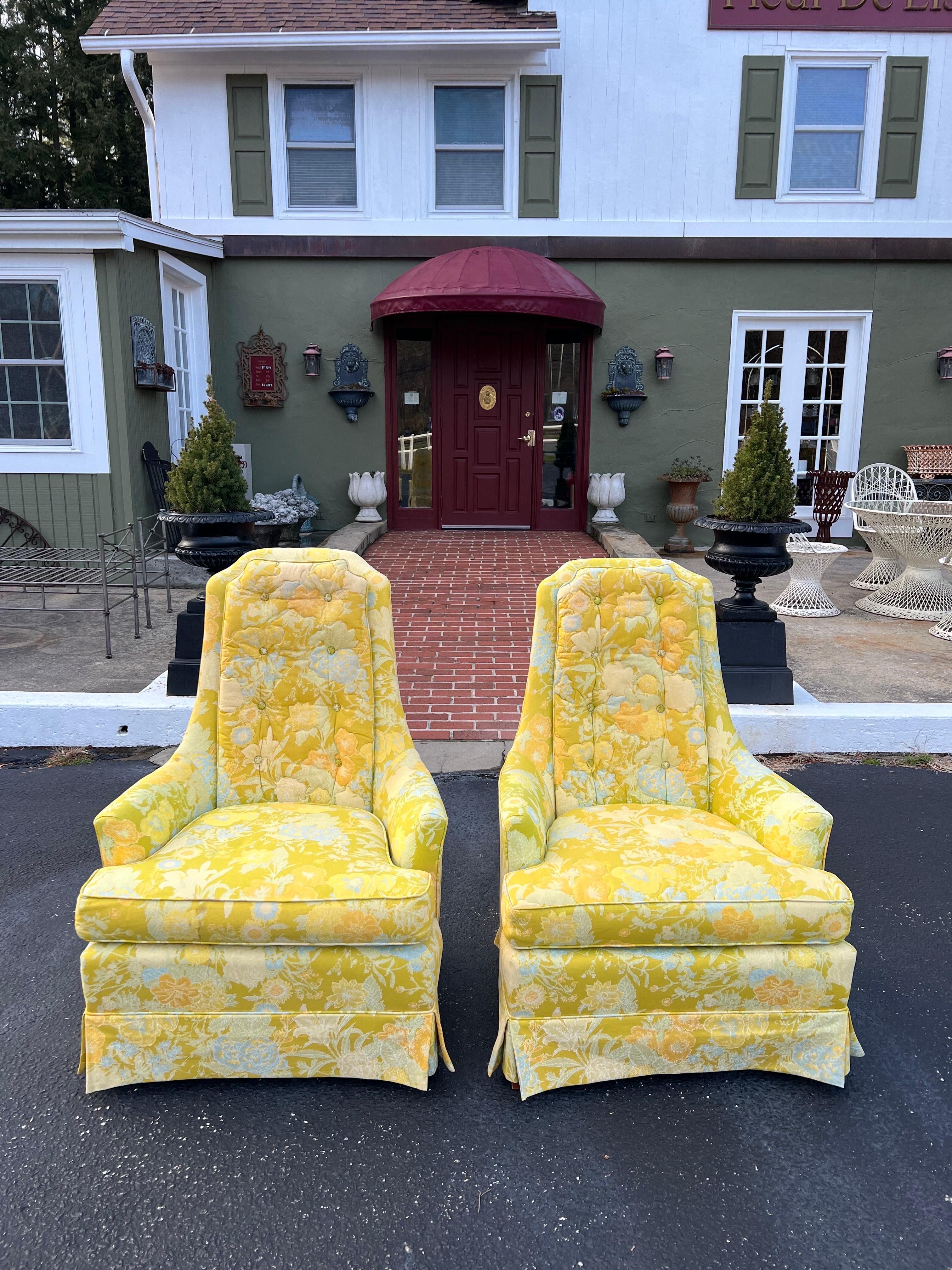 Pair of Dorothy Draper Style High back Chairs. The type of chairs you would see at the famous Colony Hotel in West Palm Beach. Original quilted floral fabric so reminiscent of the 1960's flower power but with more sophistication.
Use as is or