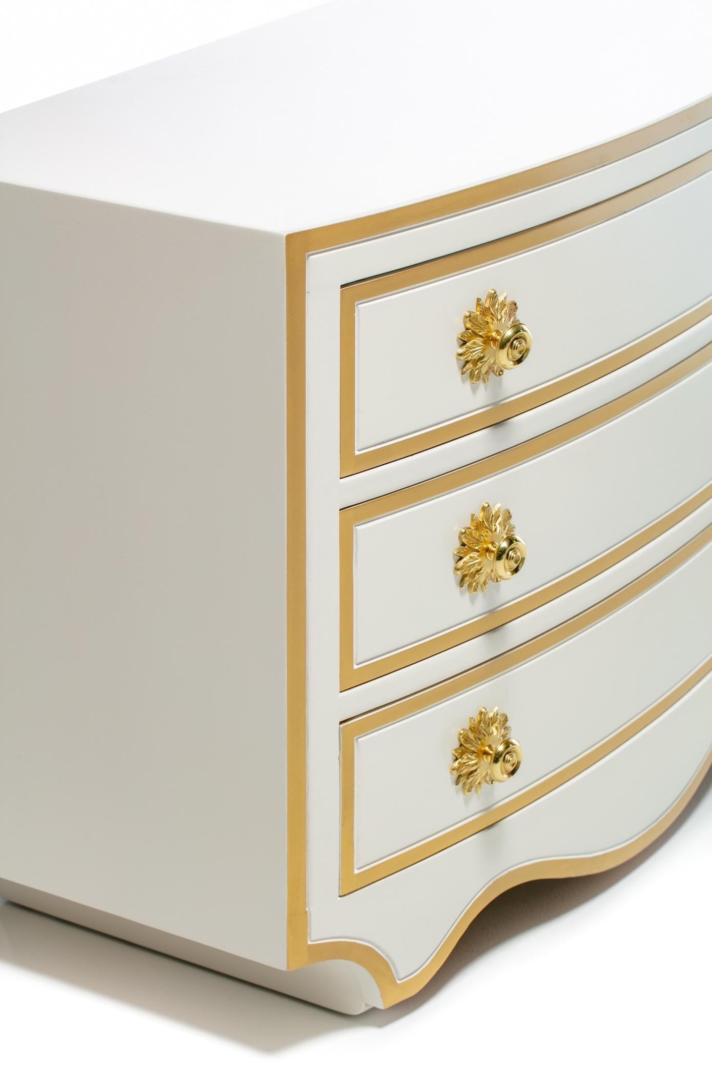 Brass Pair of Dorothy Draper Viennese Collection Chests Lacquered in Ivory, circa 1963 For Sale