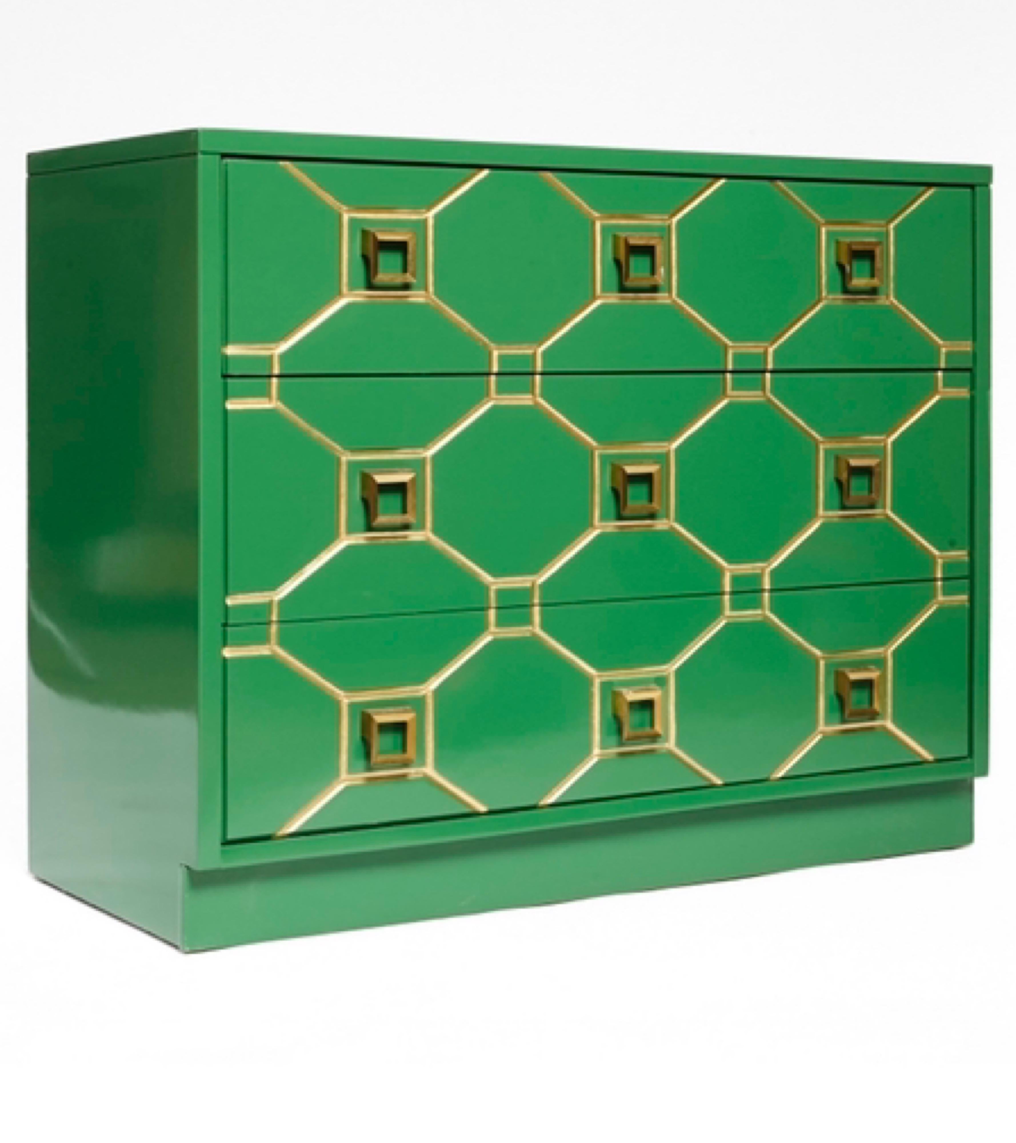 Beautiful pair of Dorothy Draper Viennese style lacquered chests shown in Benjamin Moore Seaweed Green, circa 1960. Incised pattern finished in gold highlights original honeycomb design, but all colors are customizable. i.e. Buyer may select any