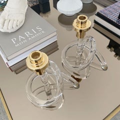 Pair of Dorothy Thorpe Lucite and Gold Pretzel Candlesticks