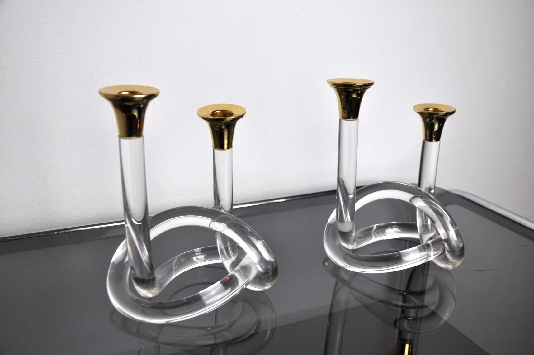 Hollywood Regency Pair of Dorothy Thorpe Lucite Candlesticks 1970 For Sale