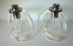 Pair of Dorothy Thorpe Lucite & Plated Silver Accent Pretzel Candlestick Holders