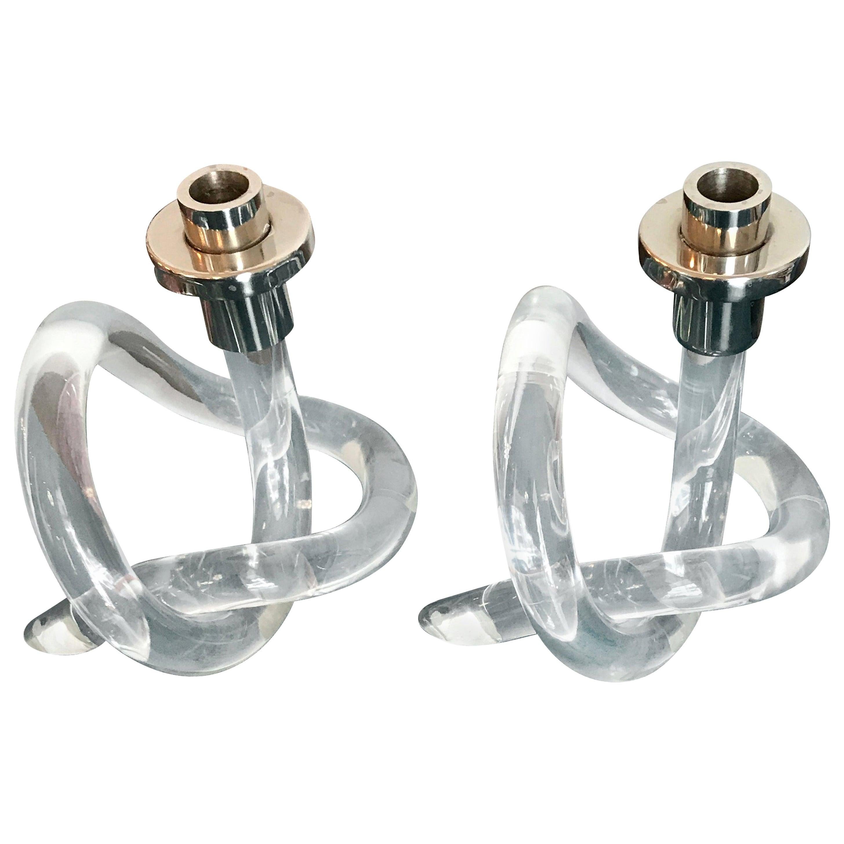 Pair of Dorothy Thorpe Lucite 
Plated Silver Accent Pretzel Candlestick Holders For Sale