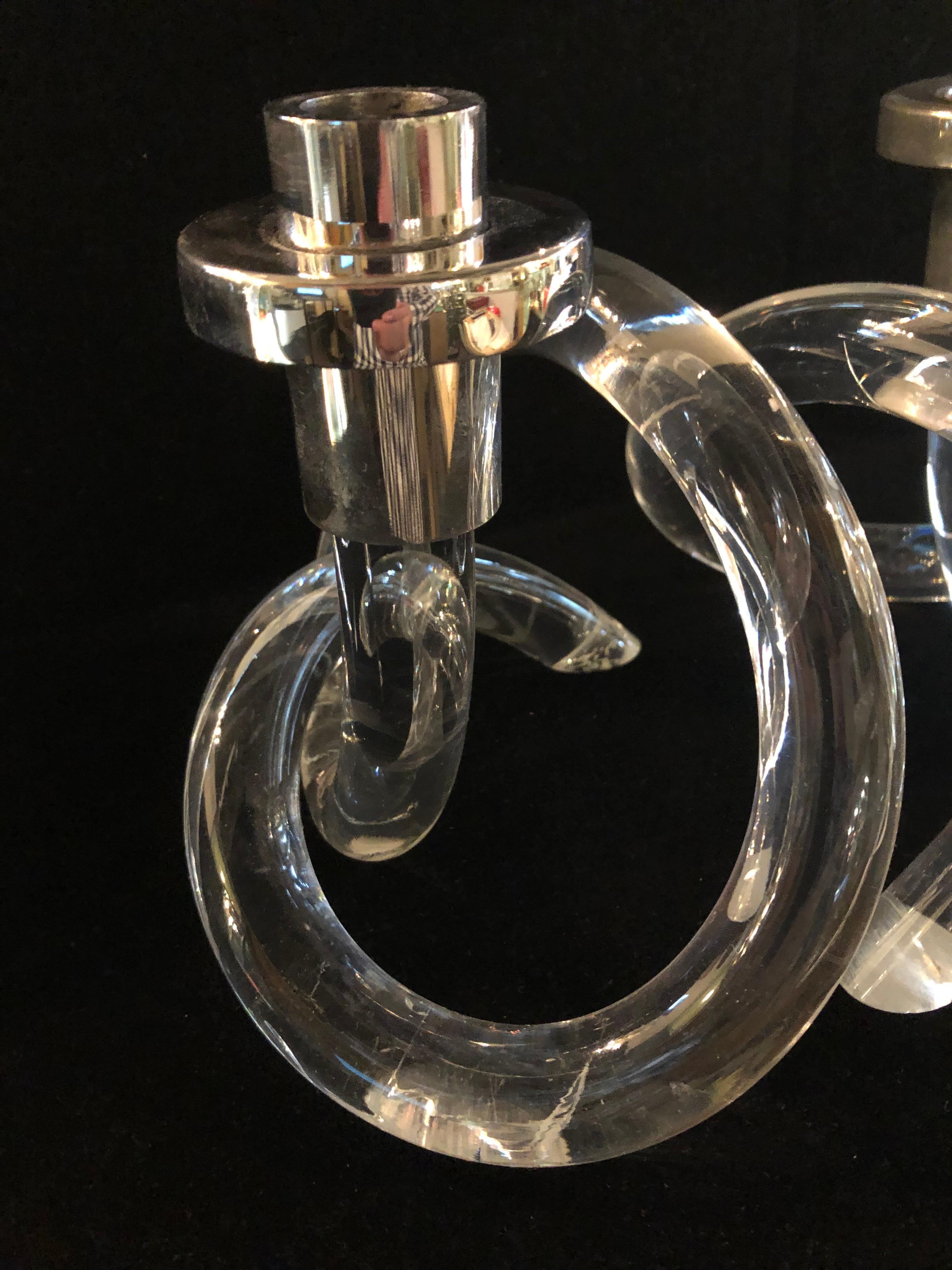 Chrome Pair of Dorothy Thorpe Pretzel Lucite Candlesticks