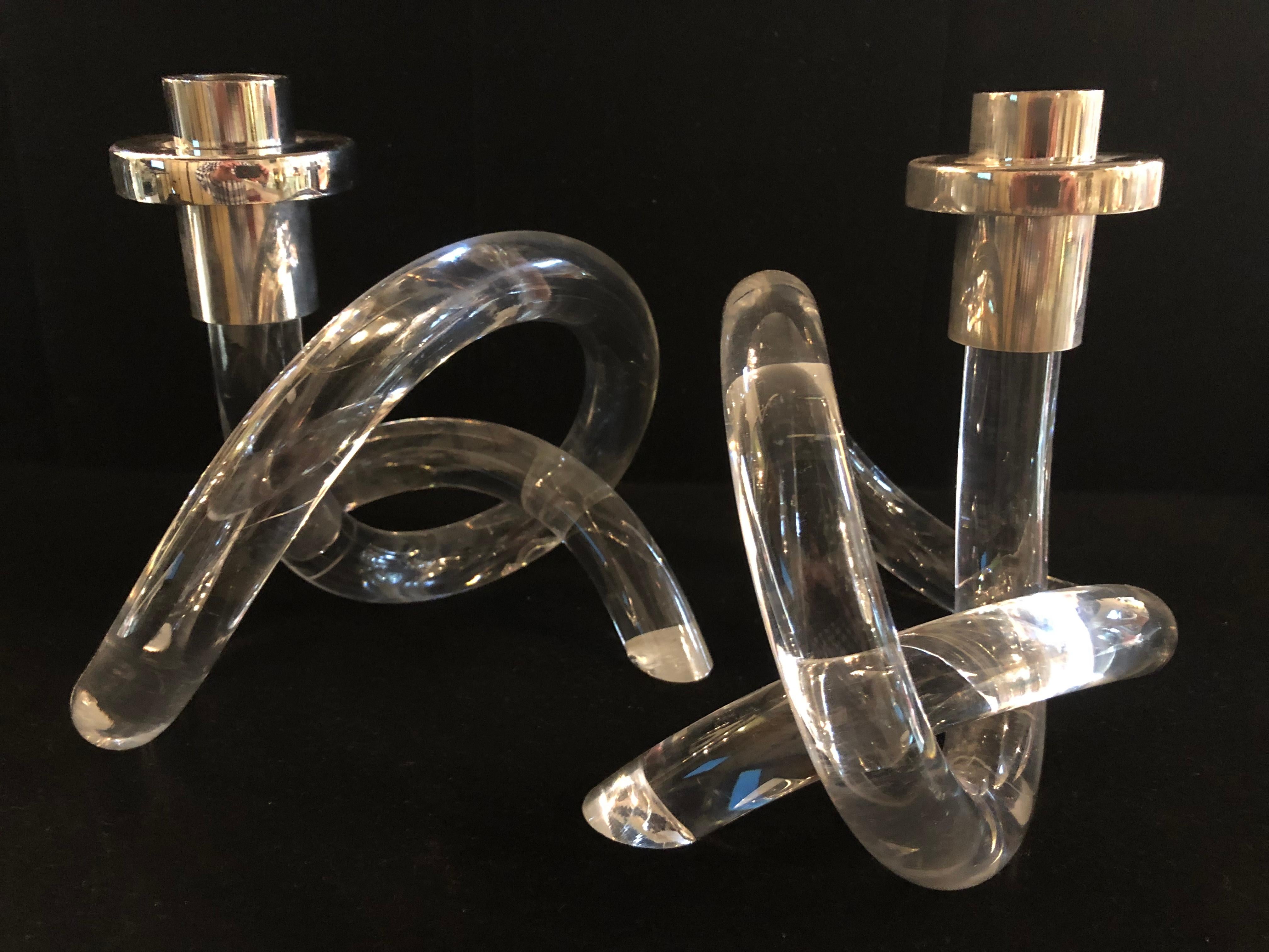 Mid-Century Modern Pair of Dorothy Thorpe Pretzel Lucite Candlesticks