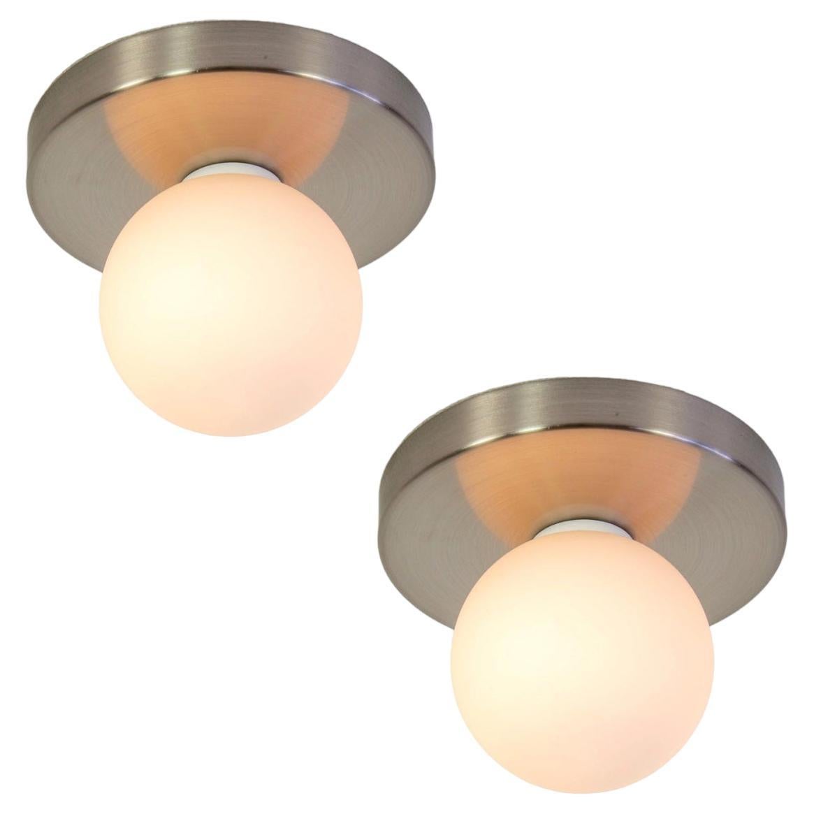 Pair of Globe Flush Mounts by Research.Lighting, Brushed Nickel, Made to Order For Sale