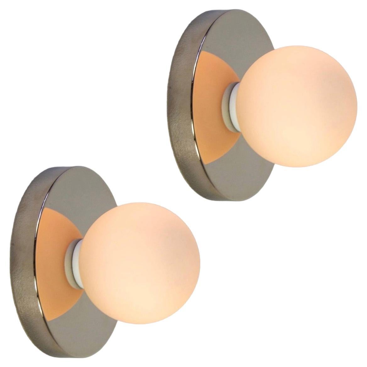 Pair of Globe Sconces by Research.Lighting, Polished Nickel, Made to Order For Sale