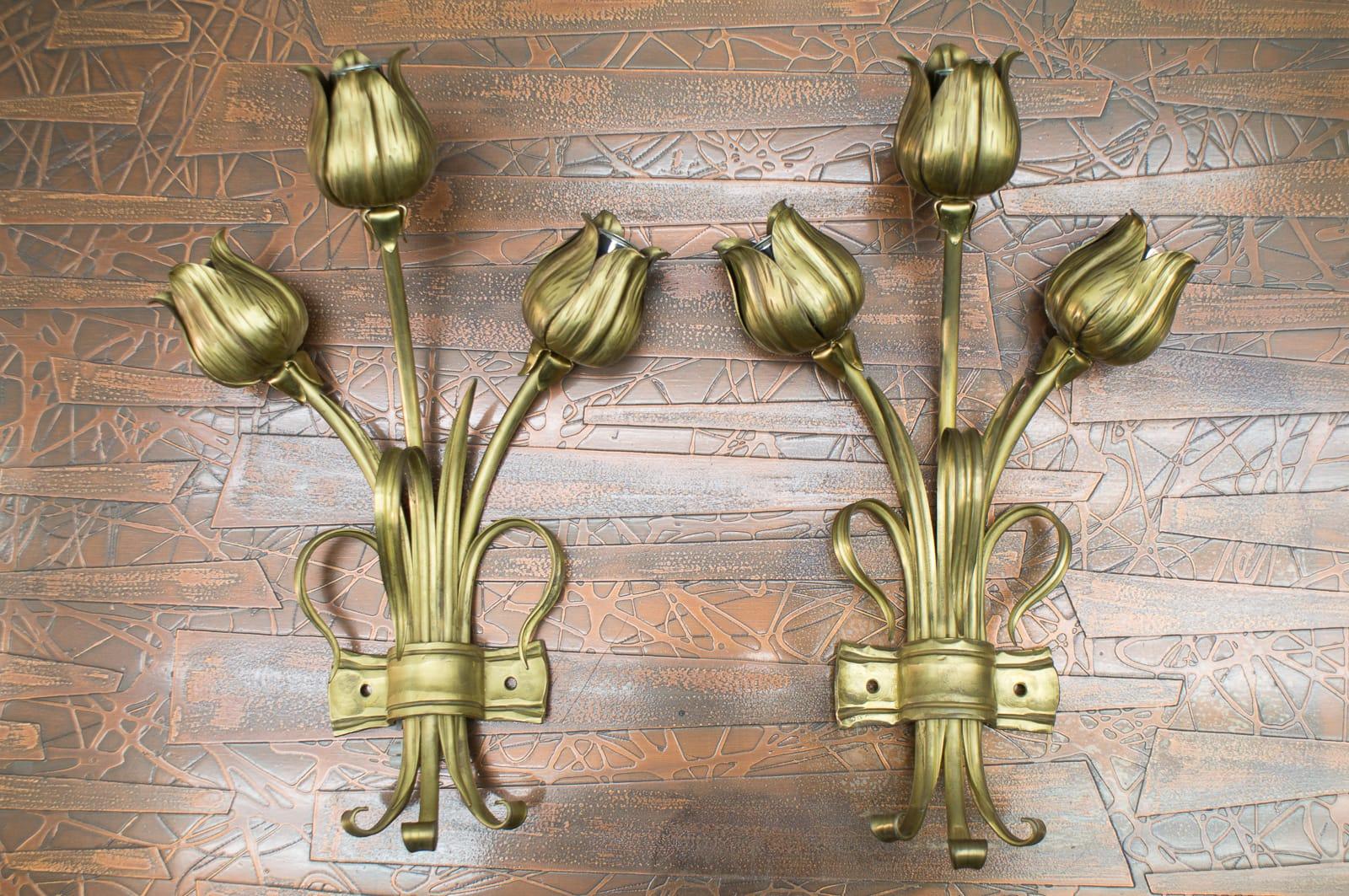Pair of Double 3-Light Solid Bronze Wall Lights, Germany, 1970s For Sale 6