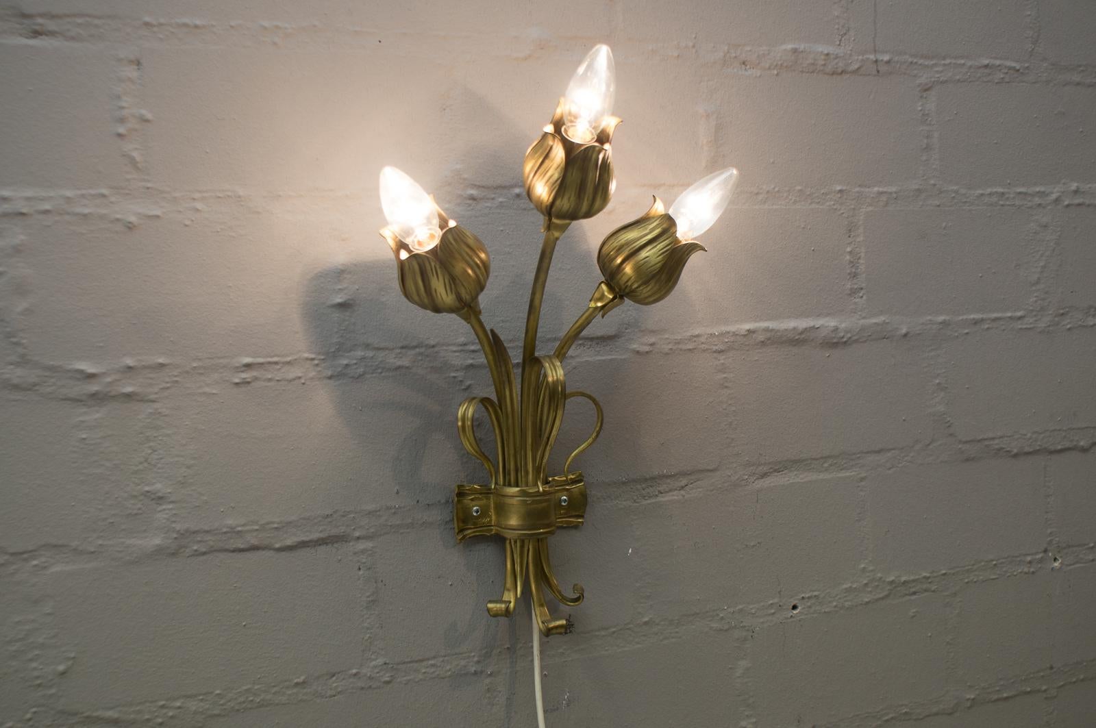 Hand-Crafted Pair of Double 3-Light Solid Bronze Wall Lights, Germany, 1970s For Sale