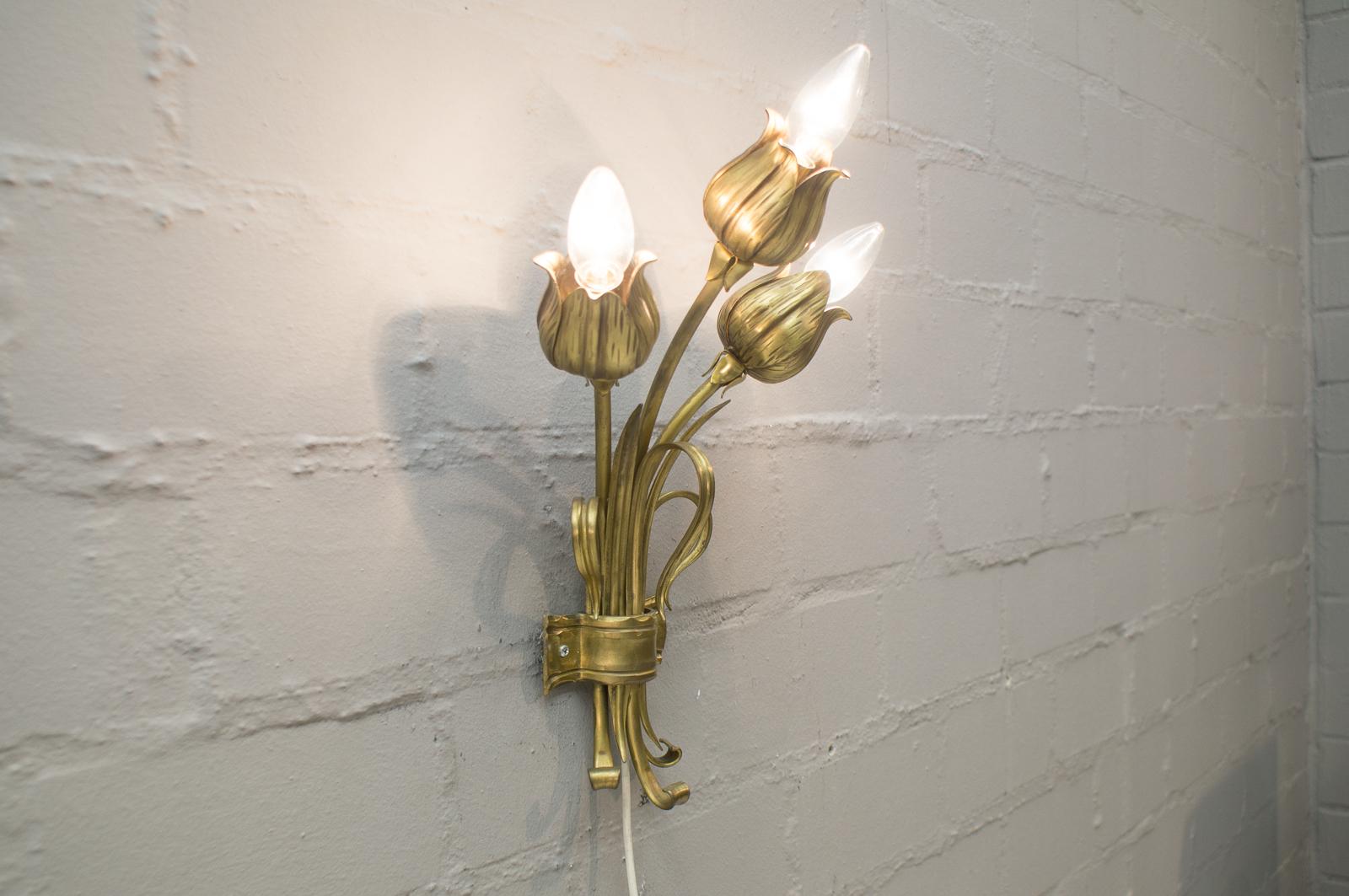 Mid-20th Century Pair of Double 3-Light Solid Bronze Wall Lights, Germany, 1970s For Sale