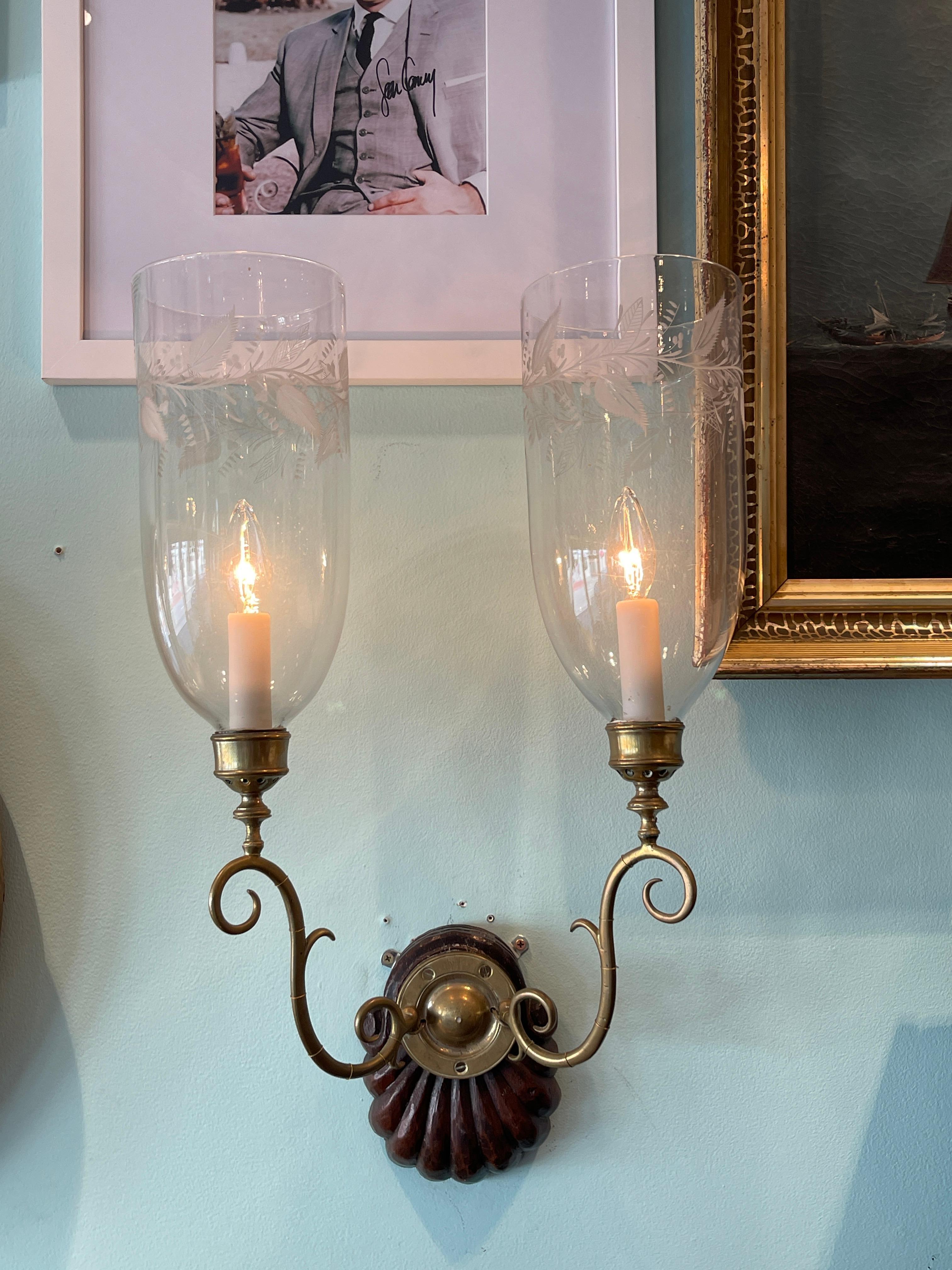 Pair of double arm acid etched hurricane shade sconces mid 20th century  In Good Condition For Sale In Charleston, SC