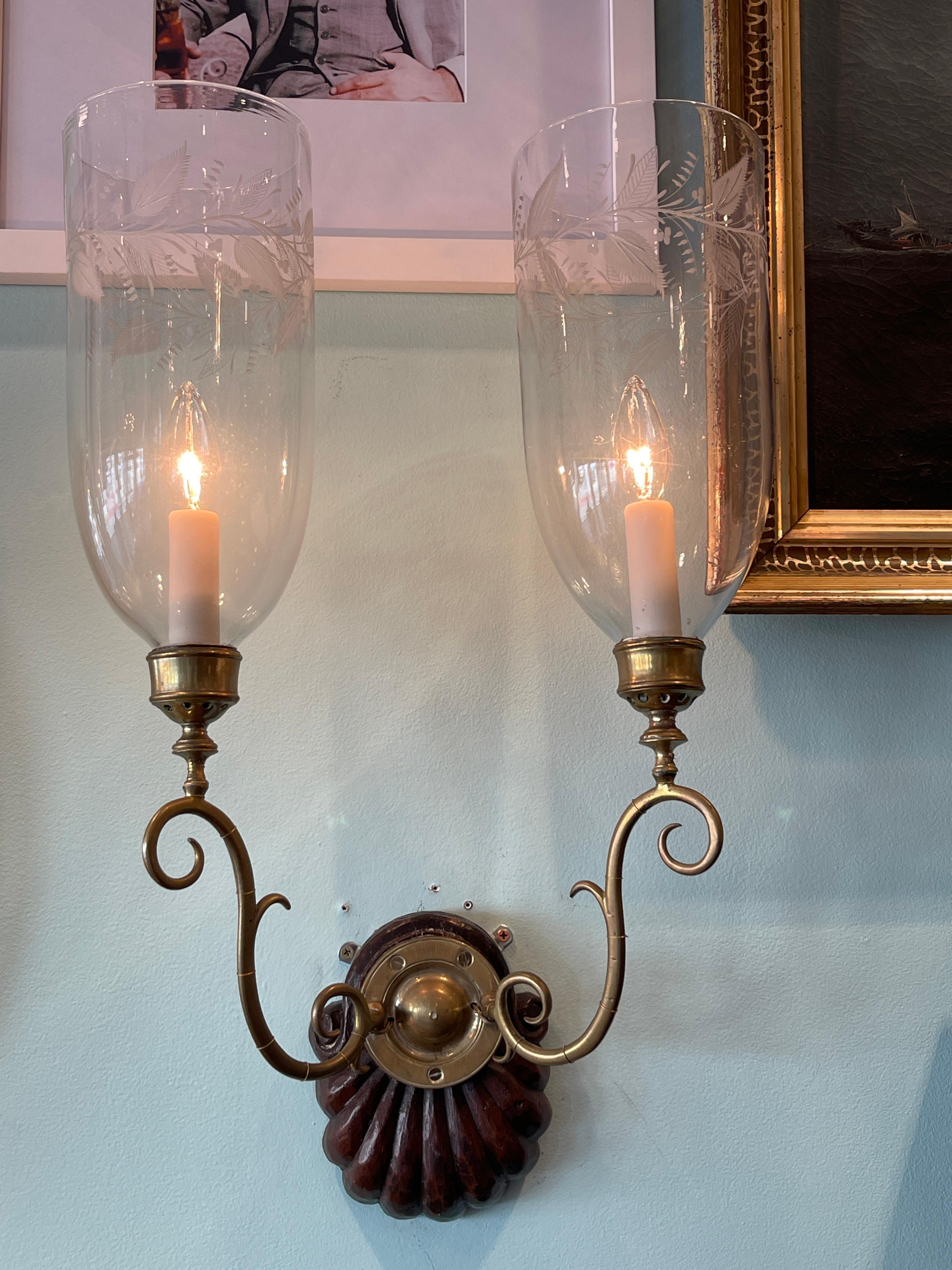 20th Century Pair of double arm acid etched hurricane shade sconces mid 20th century  For Sale