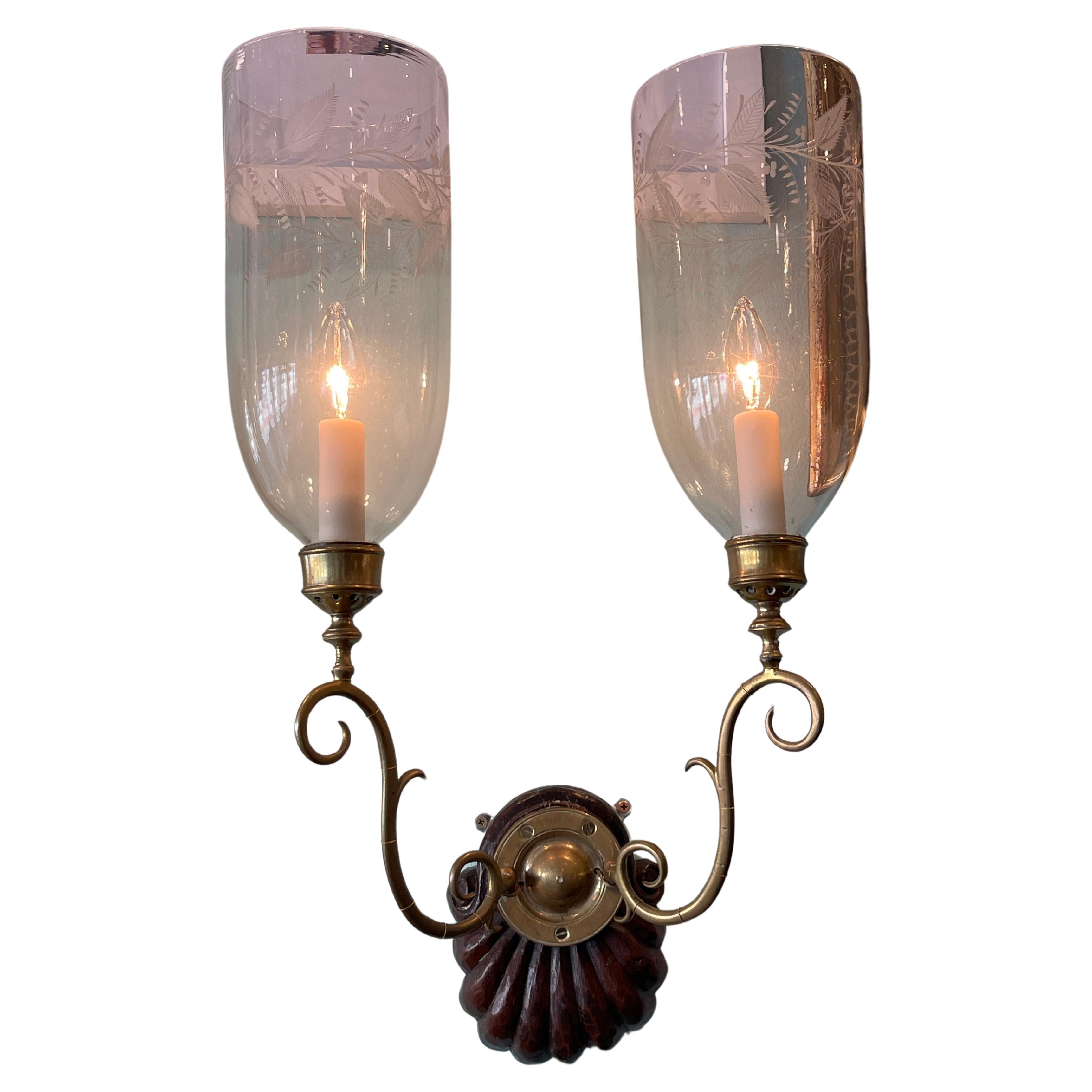 Pair of double arm acid etched hurricane shade sconces mid 20th century  For Sale