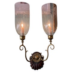 Pair of double arm acid etched hurricane shade sconces mid 20th century