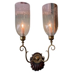 Pair of double arm acid etched hurricane shade sconces mid 20th century 