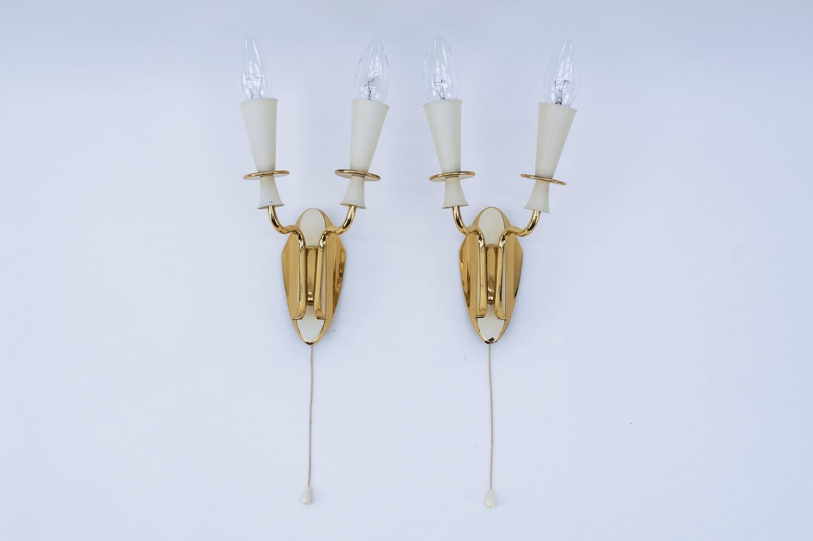 Mid-Century Modern Pair of Double Arm Brass Wall Lamps from the 1950s For Sale