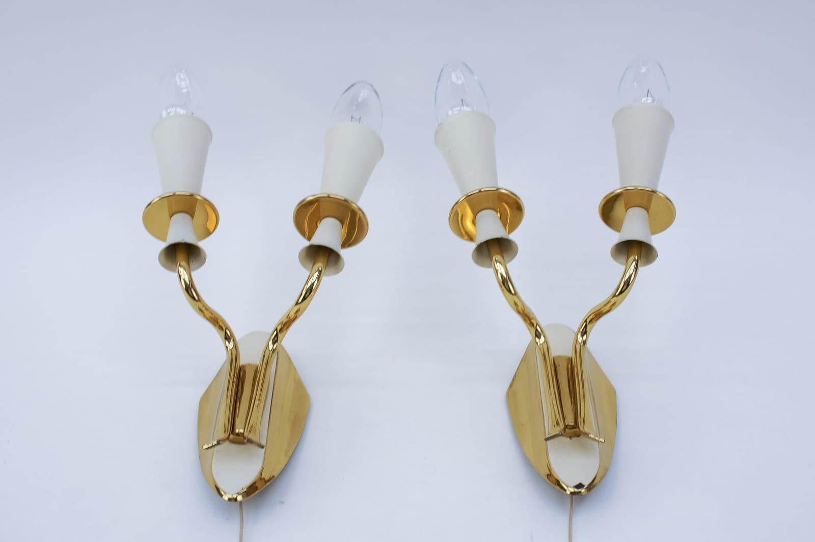 Italian Pair of Double Arm Brass Wall Lamps from the 1950s For Sale
