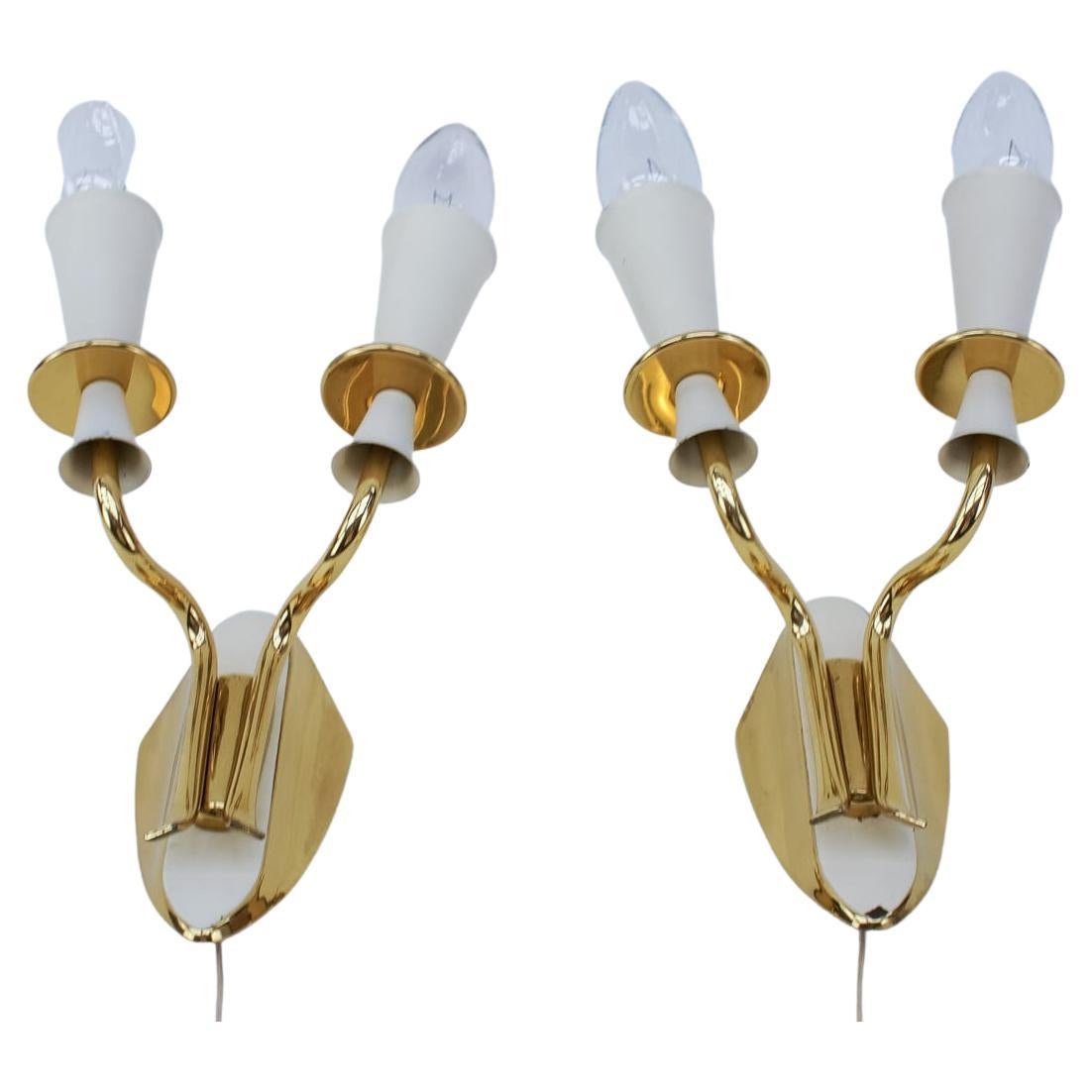 Pair of Double Arm Brass Wall Lamps from the 1950s For Sale