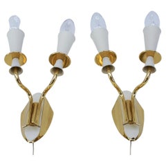 Vintage Pair of Double Arm Brass Wall Lamps from the 1950s