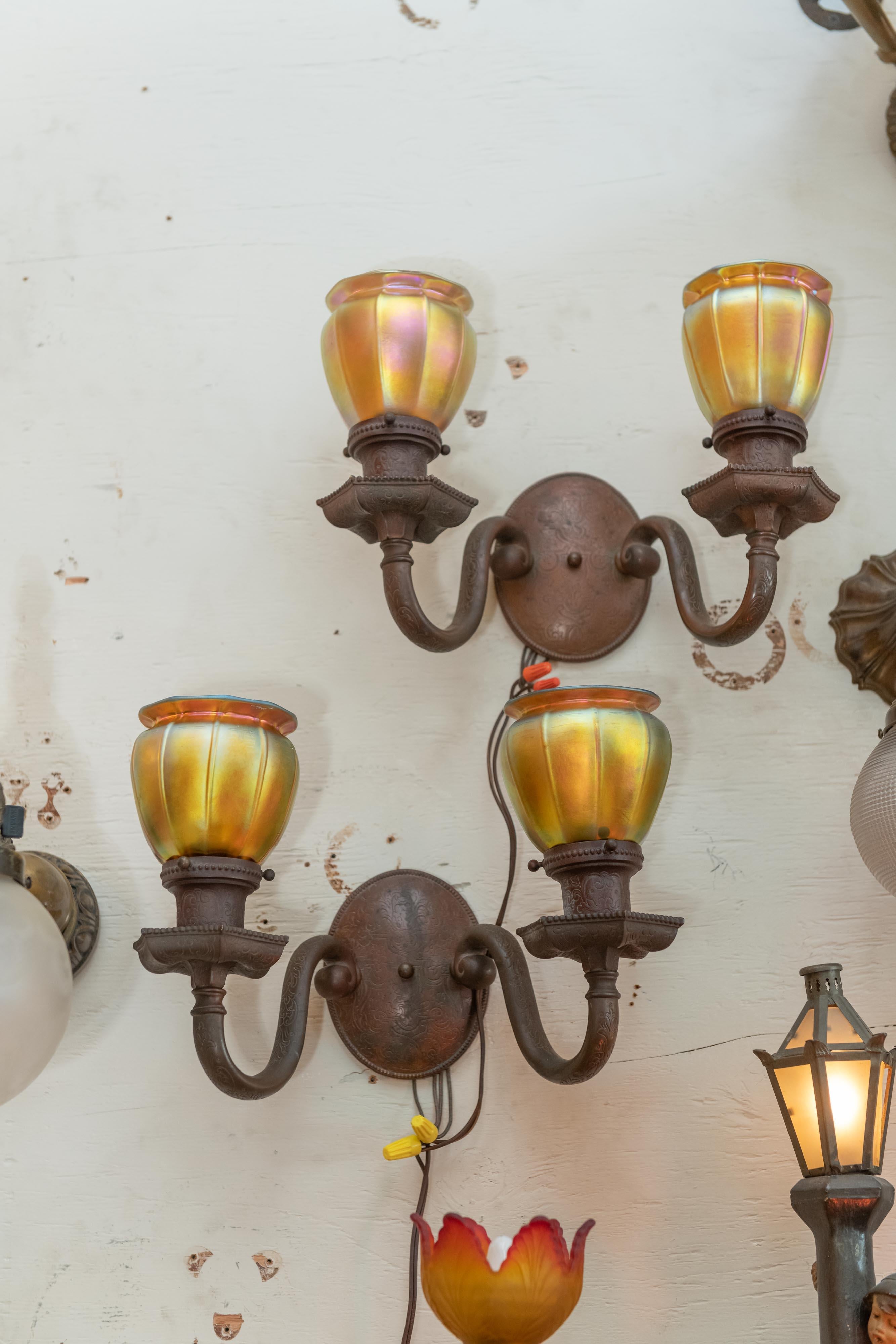 The metal work on these sconces did as much as can be done to bring us a fine example of craftsmanship. Please note all the etching on the arms, the body, the bobeche, and even the shade holders. We have sold many sconces, but we can't say we have